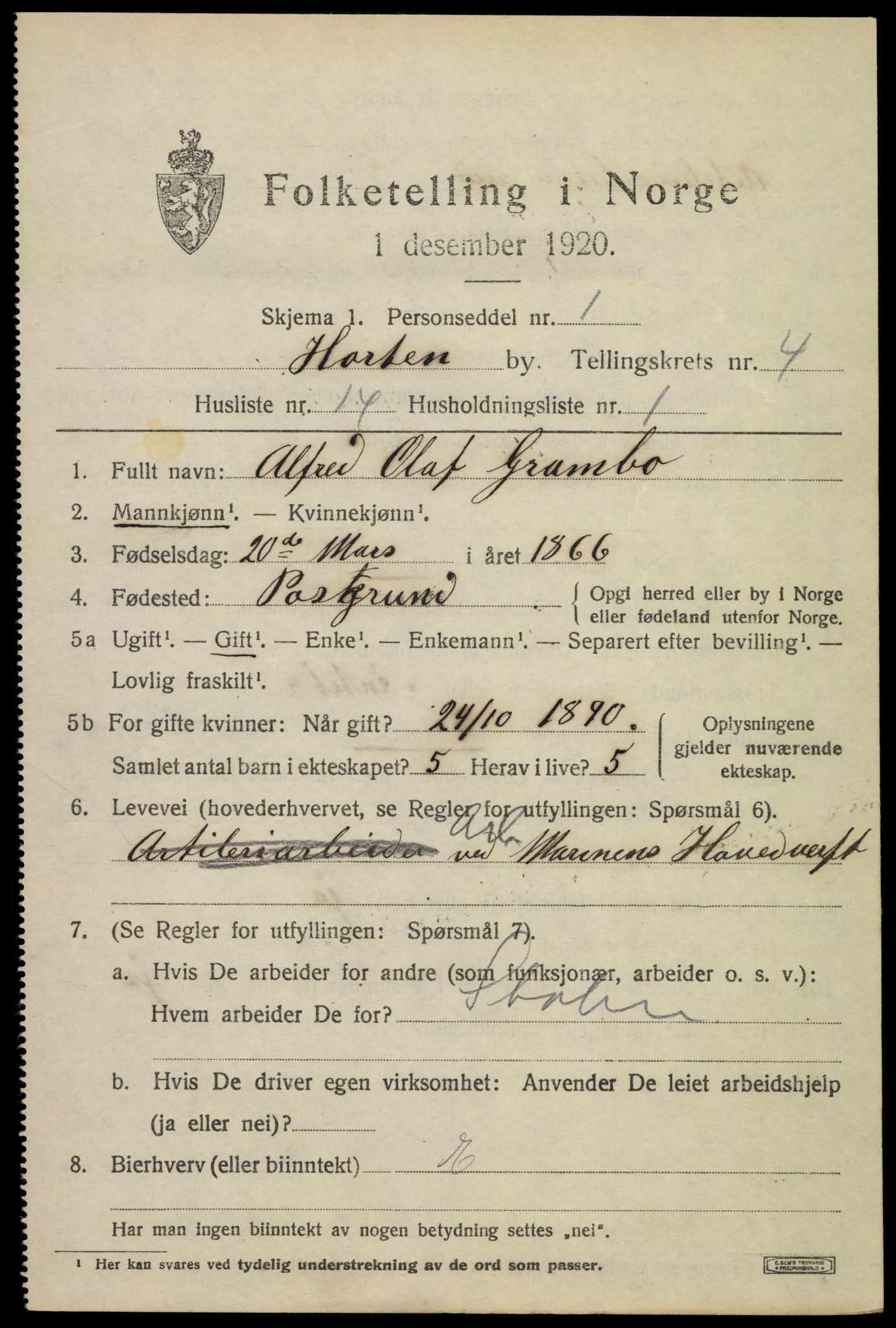 SAKO, 1920 census for Horten, 1920, p. 16449