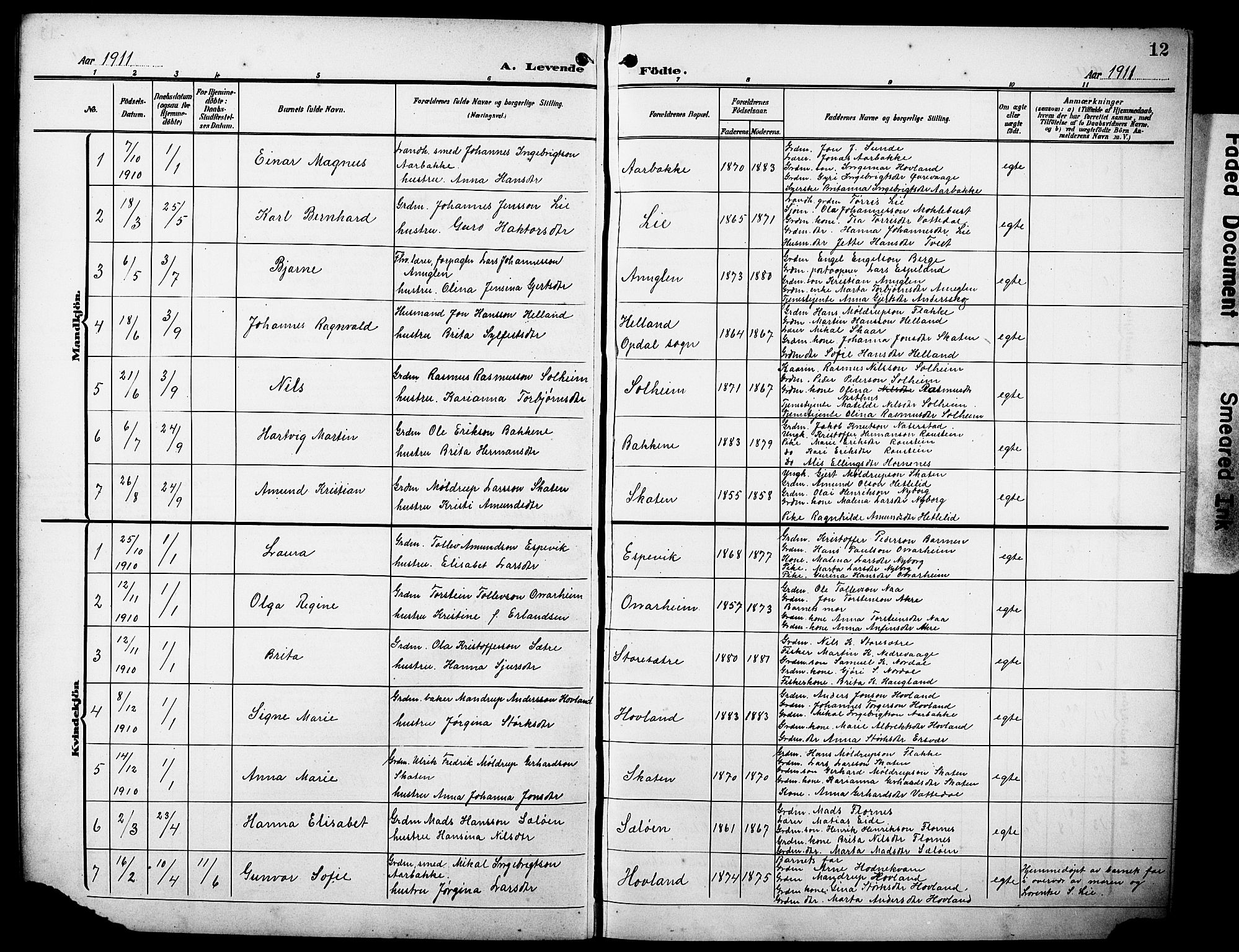 Tysnes sokneprestembete, AV/SAB-A-78601/H/Hab: Parish register (copy) no. C 3, 1908-1924, p. 12