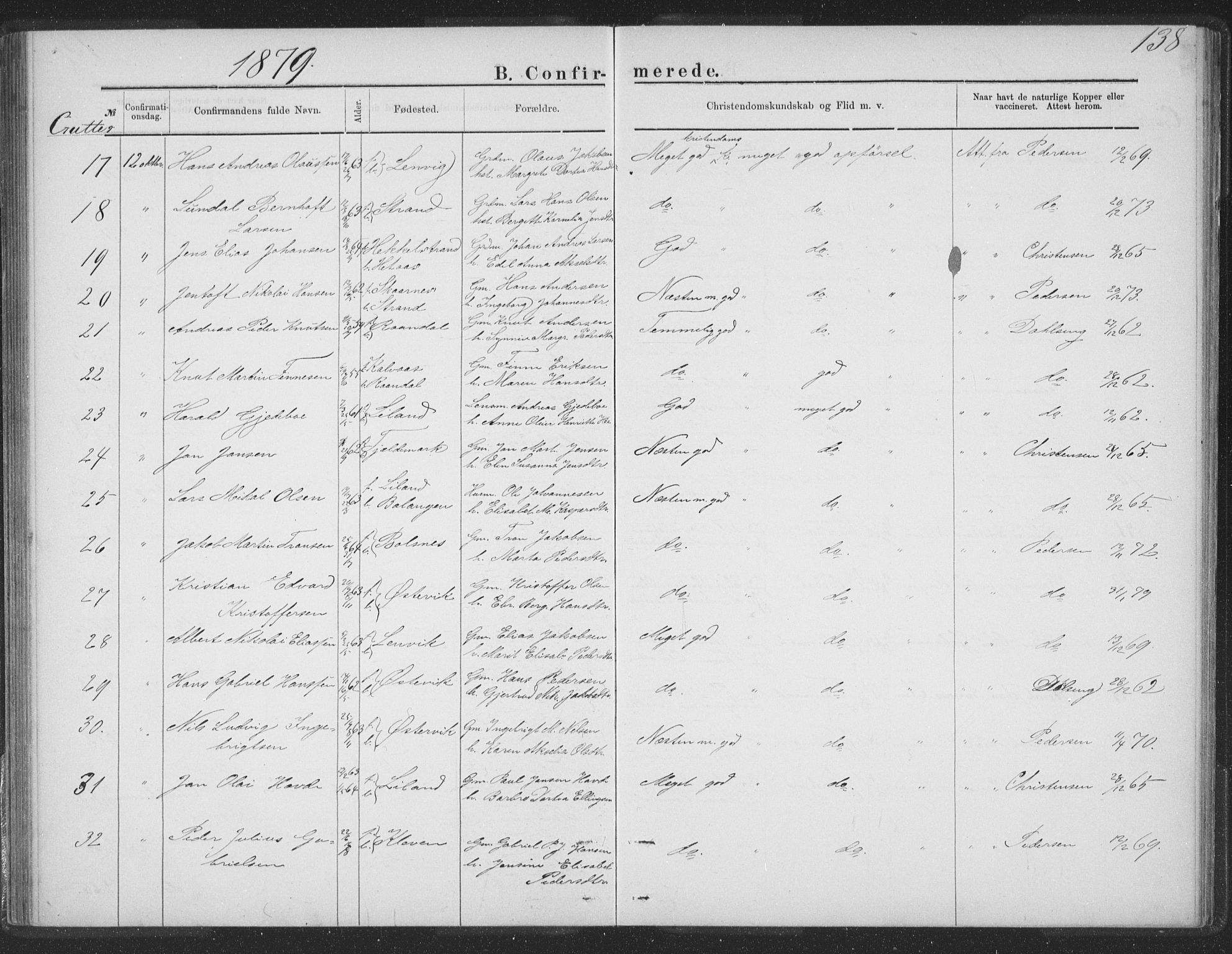 Ministerialprotokoller, klokkerbøker og fødselsregistre - Nordland, AV/SAT-A-1459/863/L0913: Parish register (copy) no. 863C03, 1877-1885, p. 138