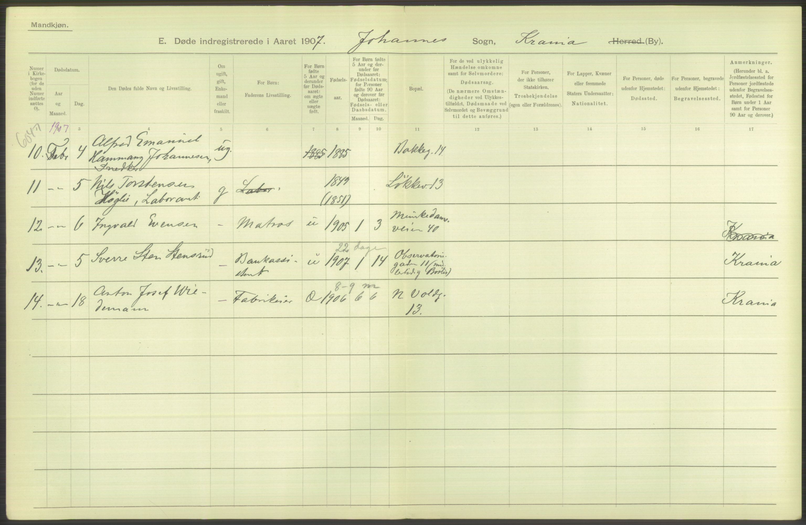 Statistisk sentralbyrå, Sosiodemografiske emner, Befolkning, AV/RA-S-2228/D/Df/Dfa/Dfae/L0010: Kristiania: Døde, dødfødte, 1907, p. 462