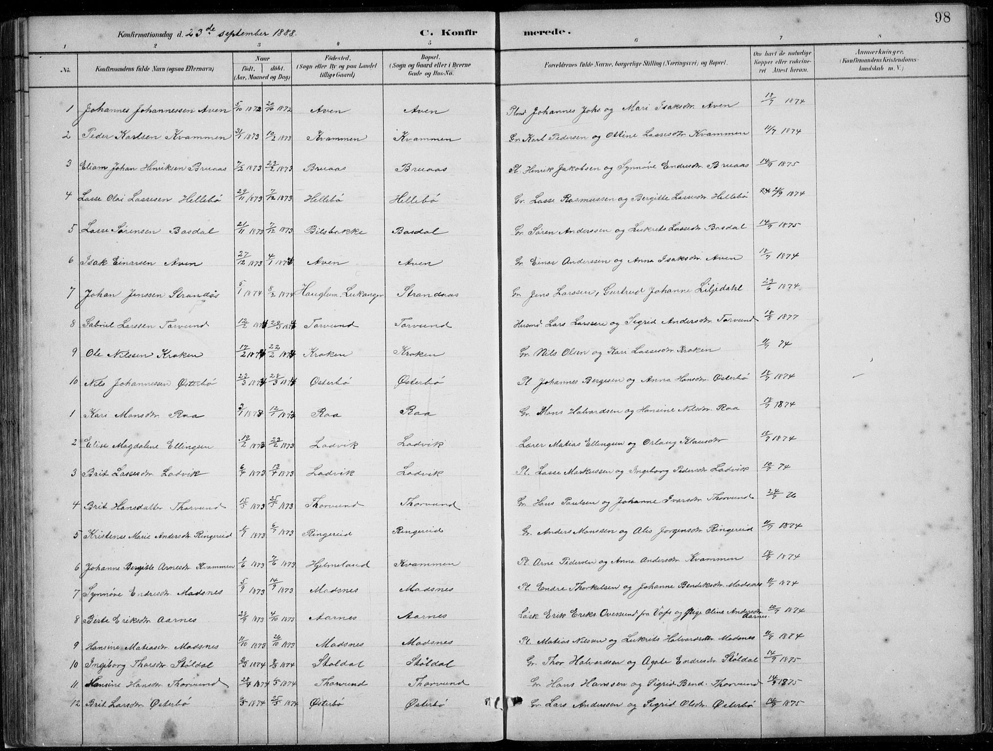 Lavik sokneprestembete, SAB/A-80901: Parish register (copy) no. A 2, 1882-1910, p. 98