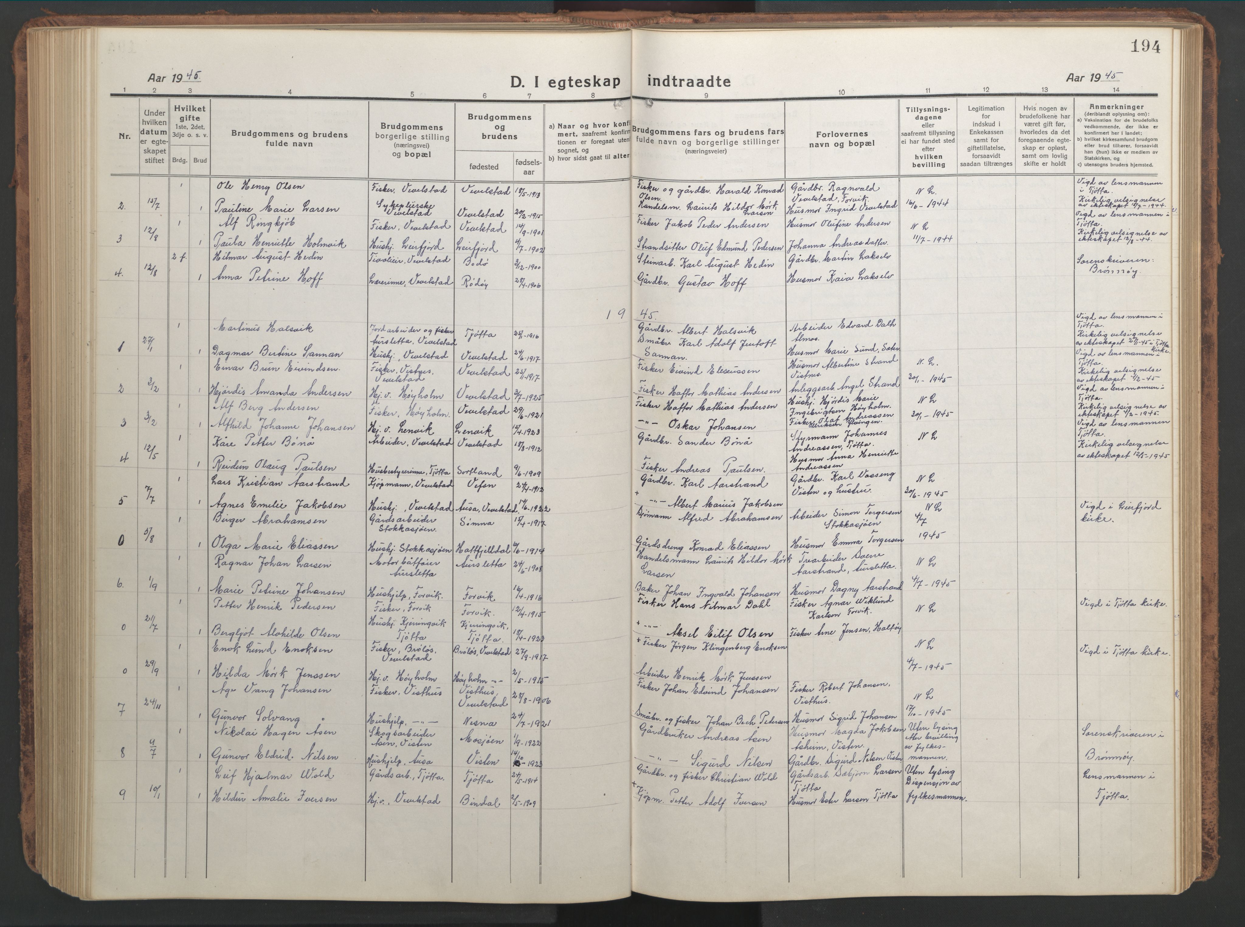 Ministerialprotokoller, klokkerbøker og fødselsregistre - Nordland, AV/SAT-A-1459/819/L0278: Parish register (copy) no. 819C04, 1917-1967, p. 194