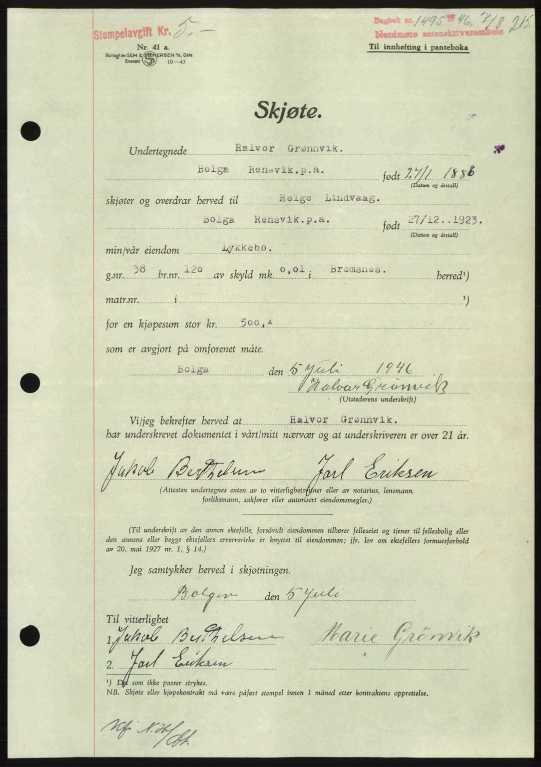 Nordmøre sorenskriveri, AV/SAT-A-4132/1/2/2Ca: Mortgage book no. A102, 1946-1946, Diary no: : 1495/1946