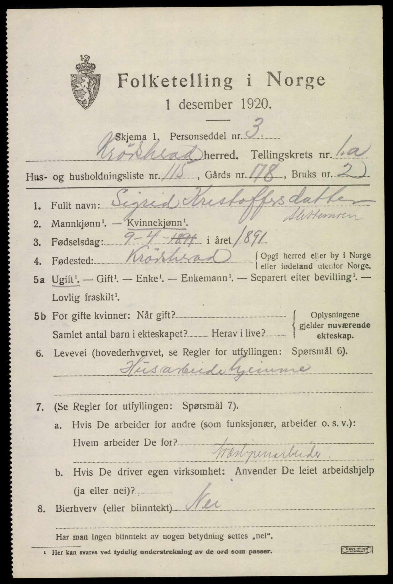 SAKO, 1920 census for Krødsherad, 1920, p. 2367