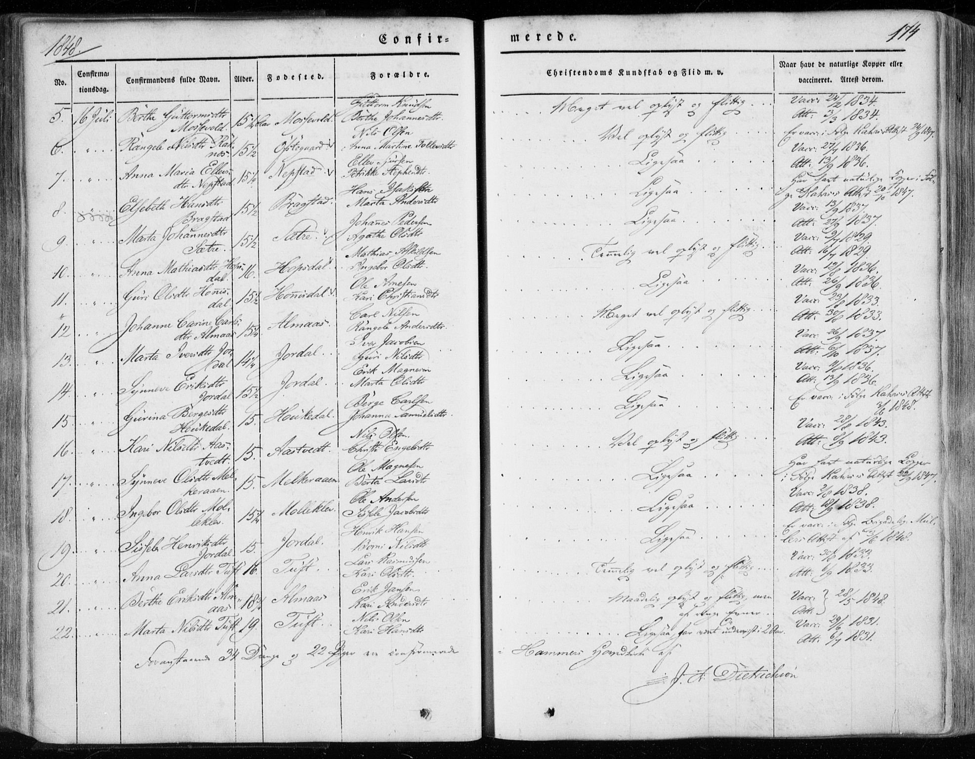 Hamre sokneprestembete, SAB/A-75501/H/Ha/Haa/Haaa/L0013: Parish register (official) no. A 13, 1846-1857, p. 174