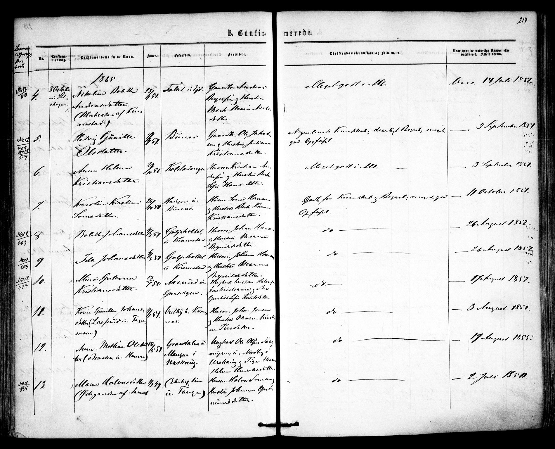Høland prestekontor Kirkebøker, SAO/A-10346a/F/Fa/L0011: Parish register (official) no. I 11, 1862-1869, p. 214