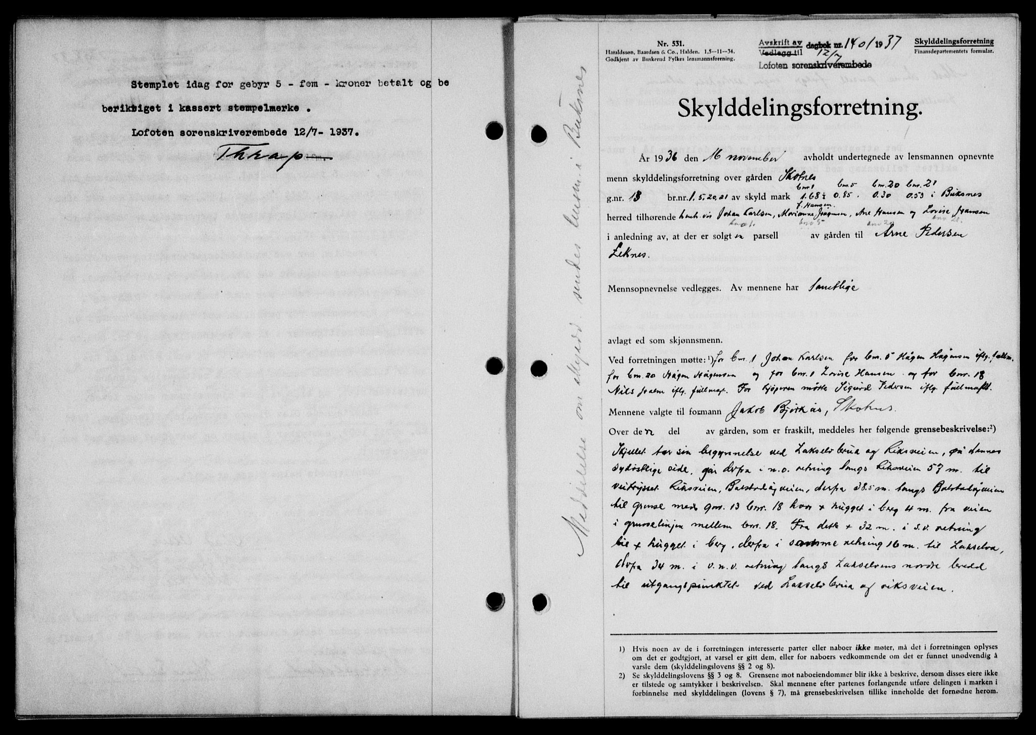 Lofoten sorenskriveri, SAT/A-0017/1/2/2C/L0002a: Mortgage book no. 2a, 1937-1937, Diary no: : 1401/1937