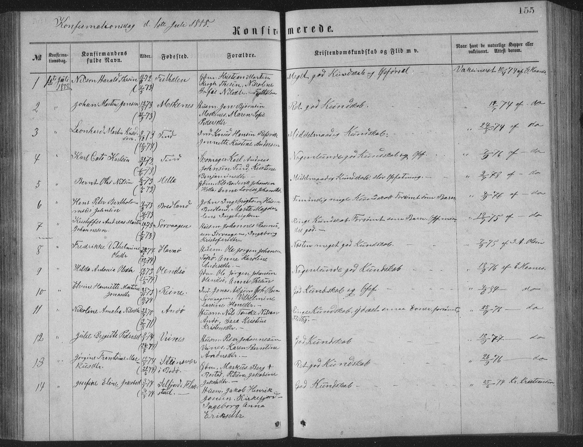 Ministerialprotokoller, klokkerbøker og fødselsregistre - Nordland, AV/SAT-A-1459/886/L1225: Parish register (copy) no. 886C02, 1874-1896, p. 155