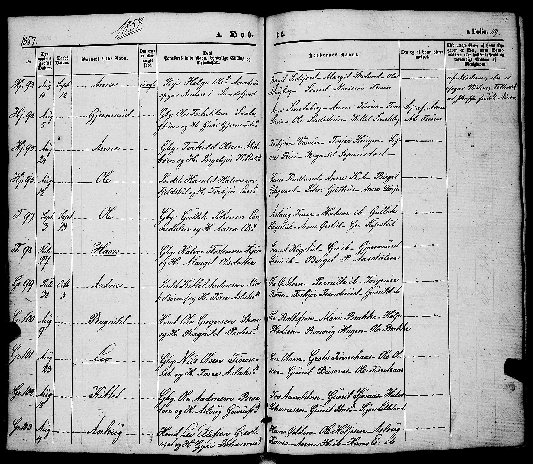 Hjartdal kirkebøker, AV/SAKO-A-270/F/Fa/L0008: Parish register (official) no. I 8, 1844-1859, p. 119