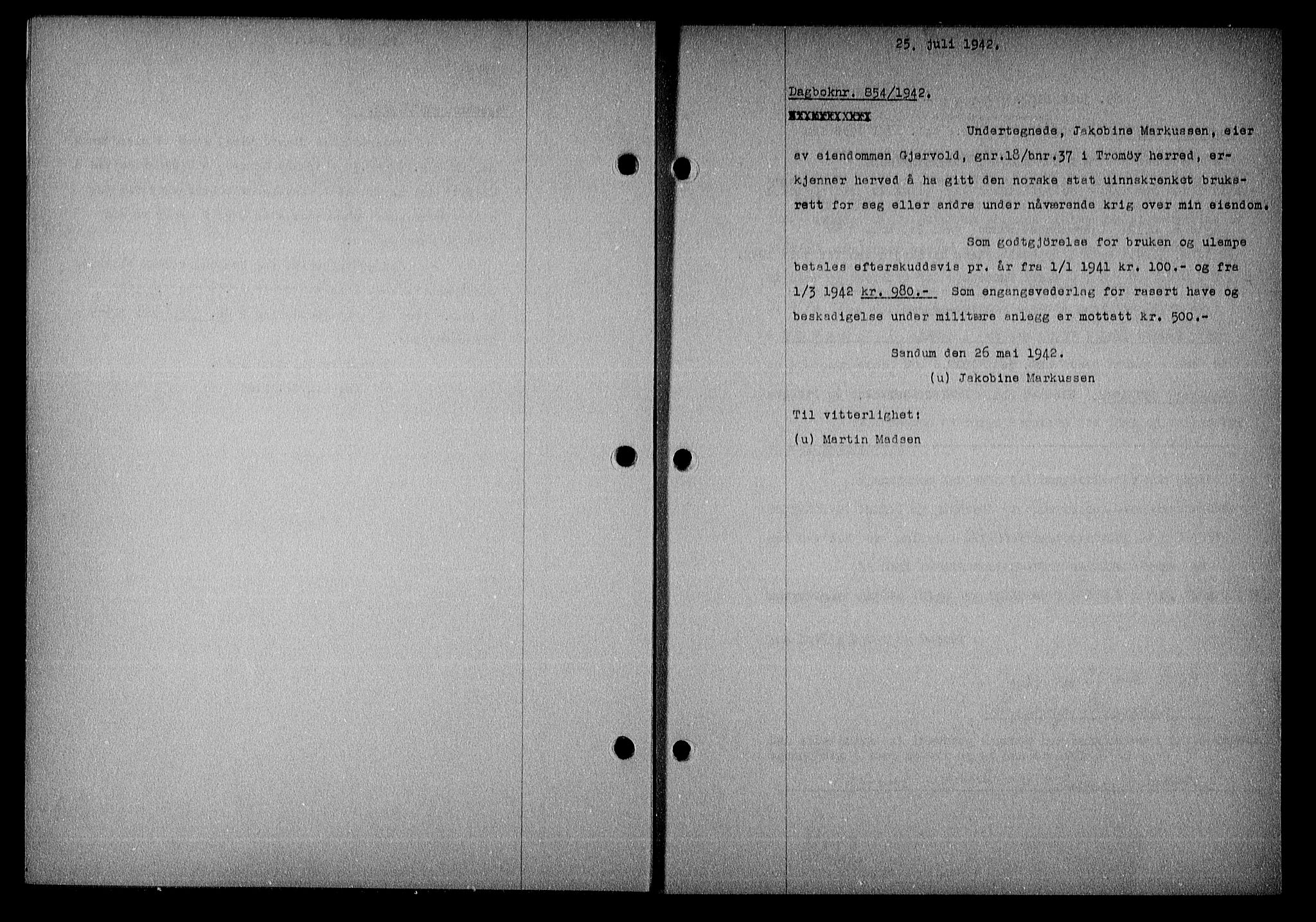 Nedenes sorenskriveri, SAK/1221-0006/G/Gb/Gba/L0049: Mortgage book no. A-III, 1941-1942, Diary no: : 854/1942
