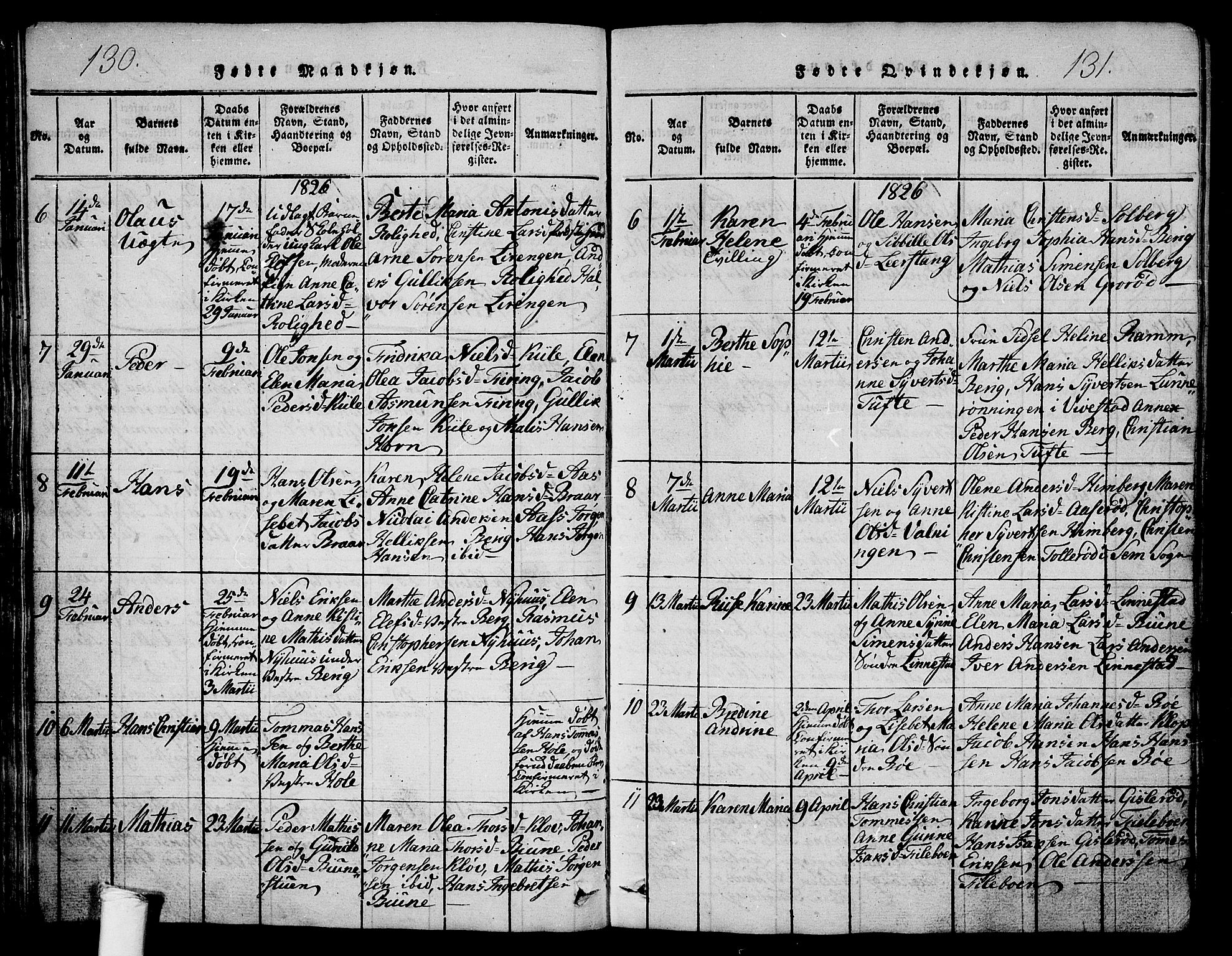 Ramnes kirkebøker, AV/SAKO-A-314/G/Ga/L0001: Parish register (copy) no. I 1, 1813-1847, p. 130-131