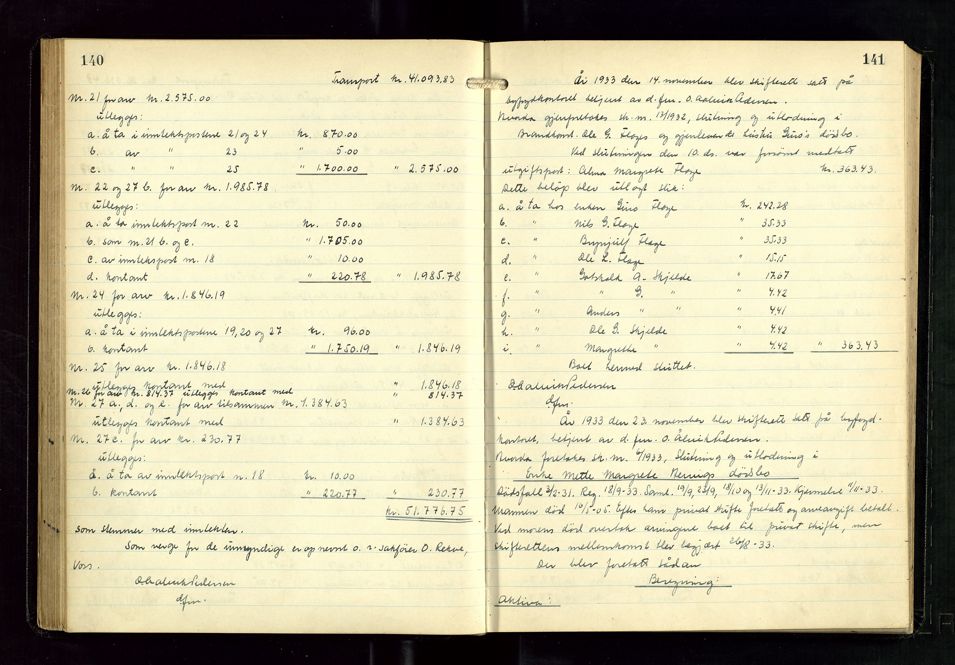 Haugesund tingrett, AV/SAST-A-101415/01/IV/IVD/L0005: Skifteutlodningsprotokoll, med register, 1931-1937, p. 140-141