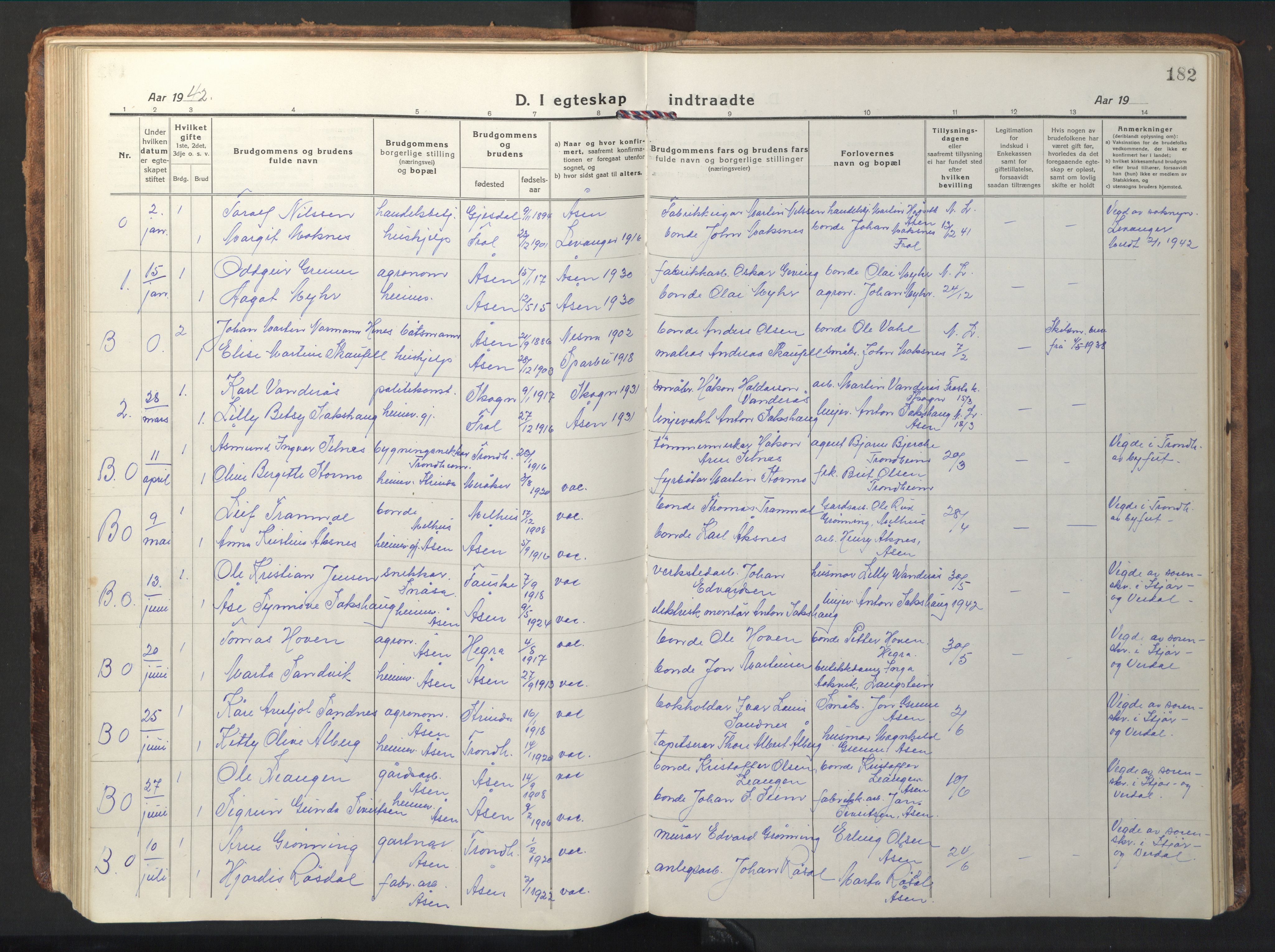 Ministerialprotokoller, klokkerbøker og fødselsregistre - Nord-Trøndelag, SAT/A-1458/714/L0136: Parish register (copy) no. 714C05, 1918-1957, p. 182