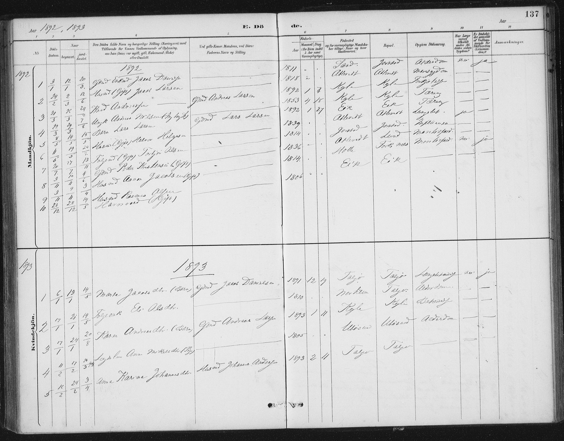 Nedstrand sokneprestkontor, AV/SAST-A-101841/01/IV: Parish register (official) no. A 13, 1887-1915, p. 137