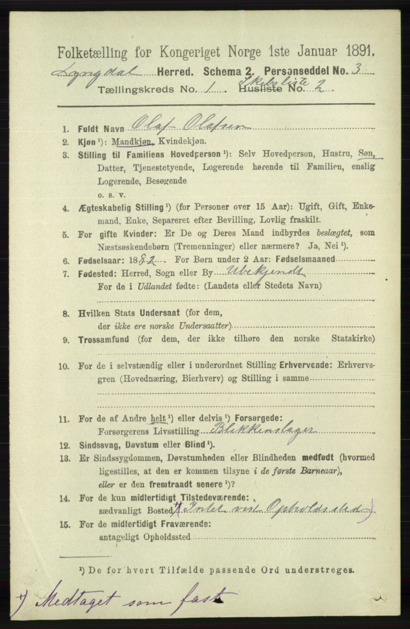 RA, 1891 census for 1032 Lyngdal, 1891, p. 6492