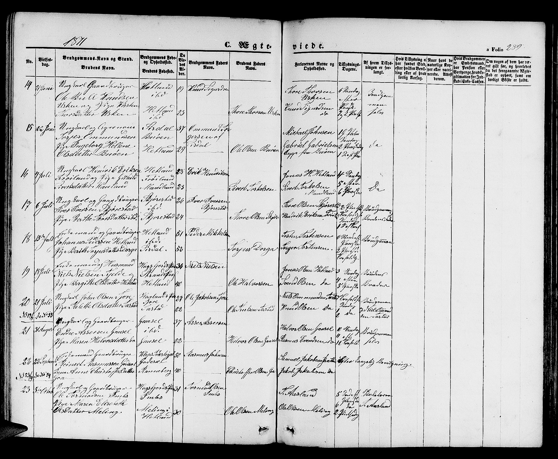 Hetland sokneprestkontor, AV/SAST-A-101826/30/30BB/L0003: Parish register (copy) no. B 3, 1863-1877, p. 289