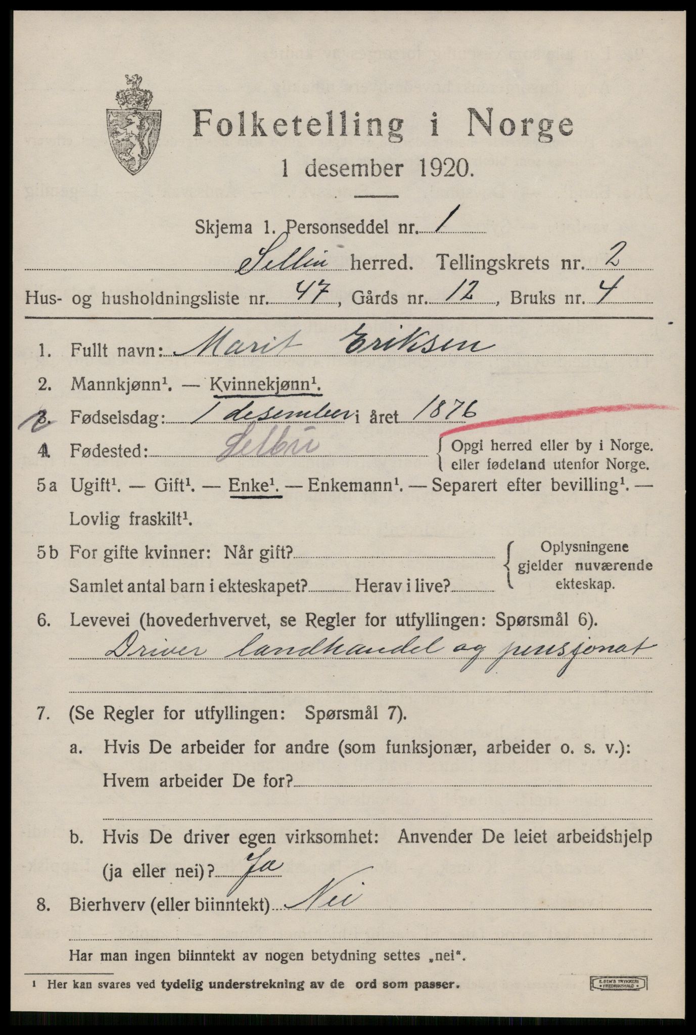 SAT, 1920 census for Selbu, 1920, p. 2442