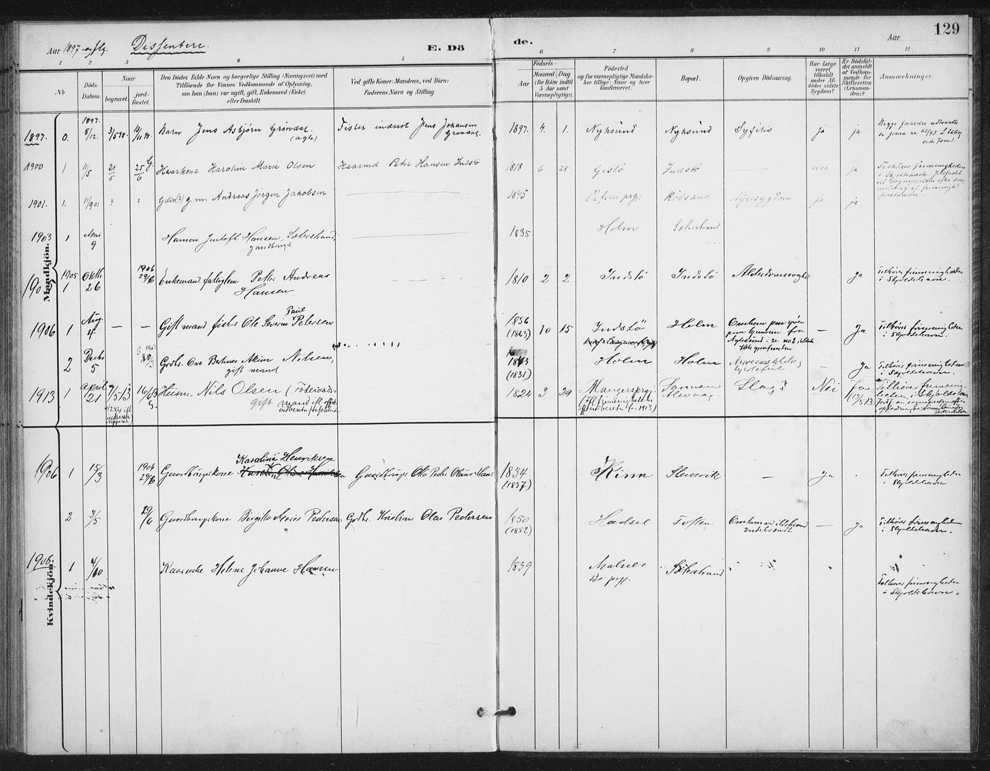 Ministerialprotokoller, klokkerbøker og fødselsregistre - Nordland, SAT/A-1459/894/L1356: Parish register (official) no. 894A02, 1897-1914, p. 129