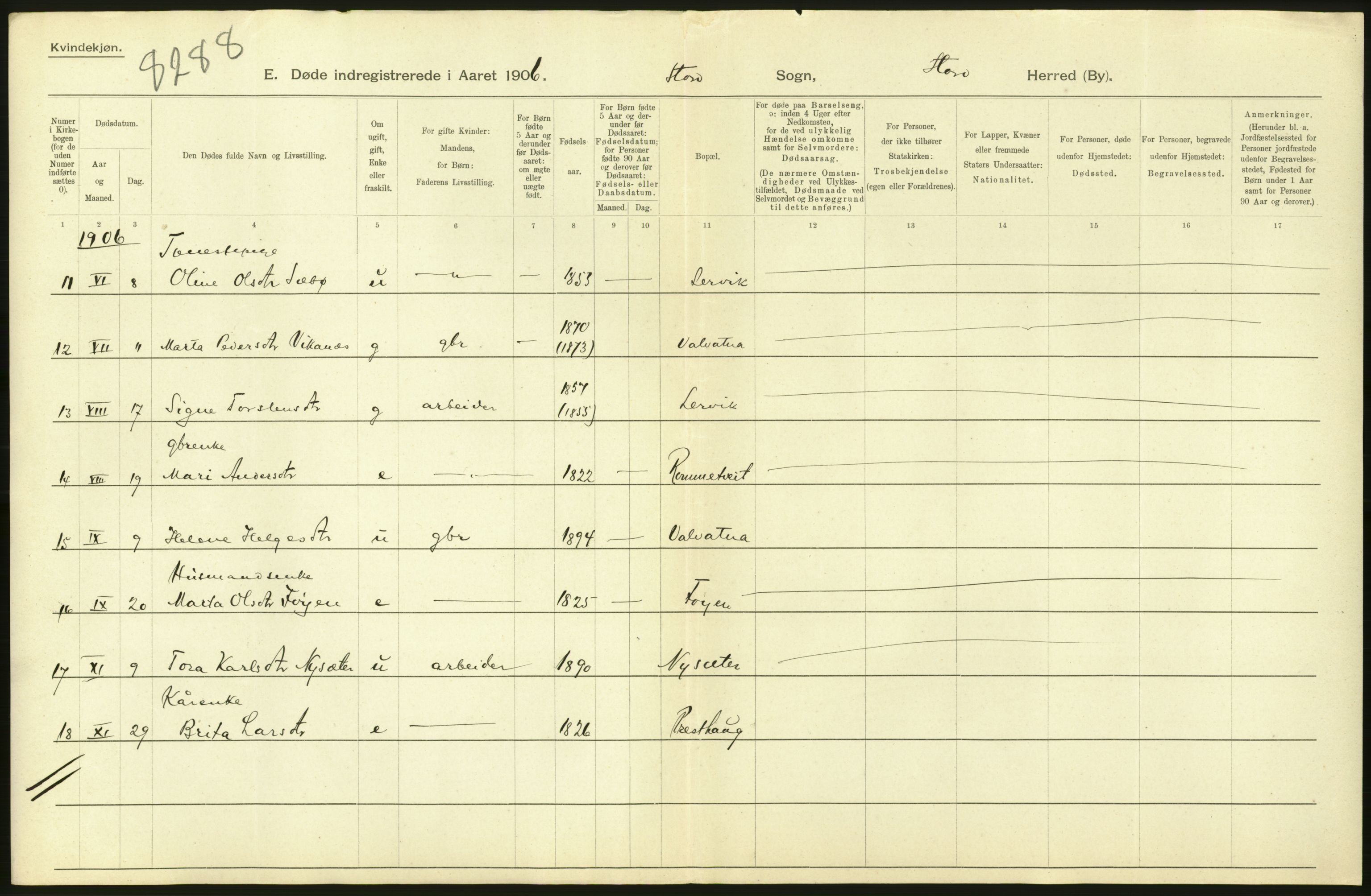 Statistisk sentralbyrå, Sosiodemografiske emner, Befolkning, AV/RA-S-2228/D/Df/Dfa/Dfad/L0030: S. Bergenhus amt: Døde. Bygder., 1906, p. 4