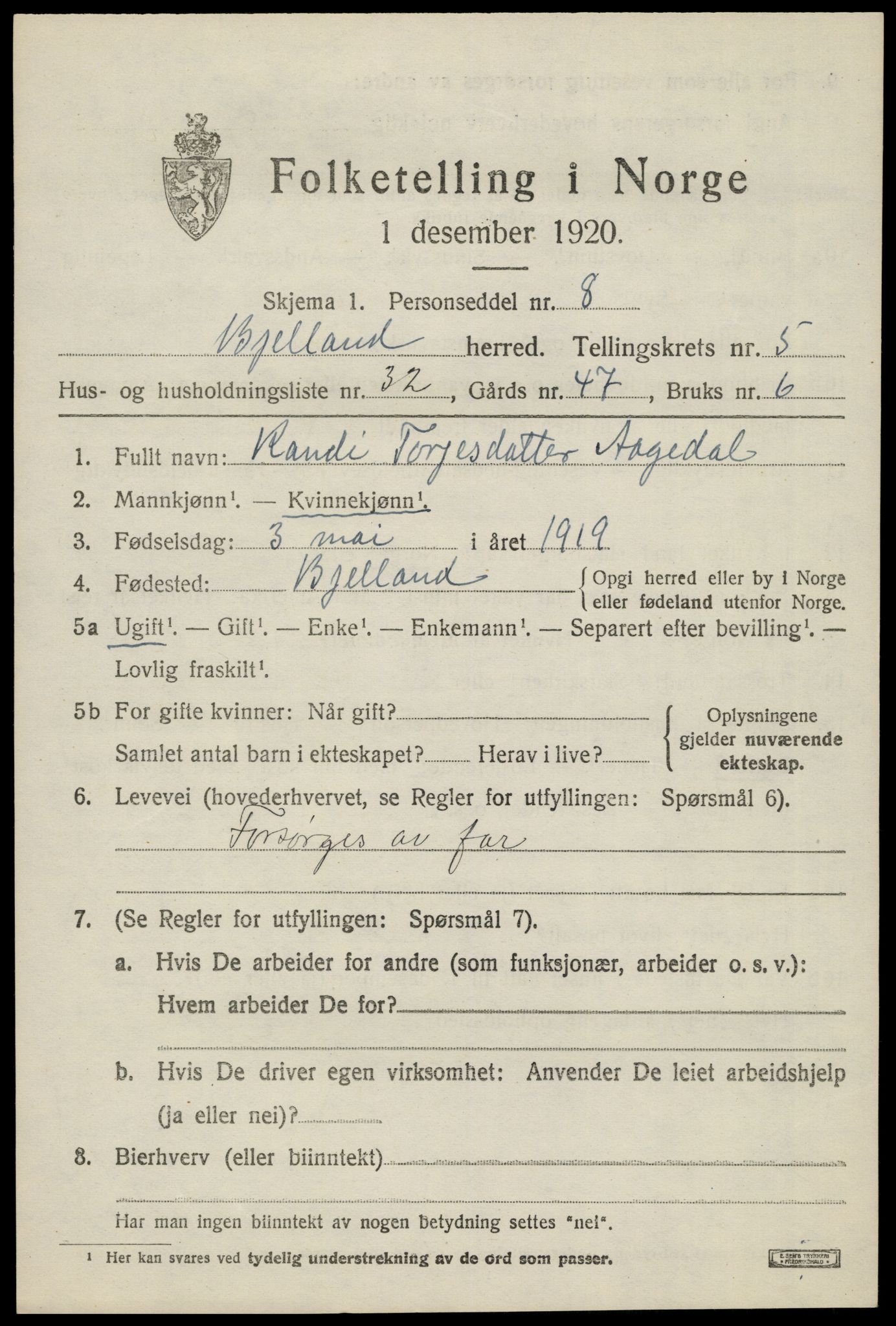 SAK, 1920 census for Bjelland, 1920, p. 1795