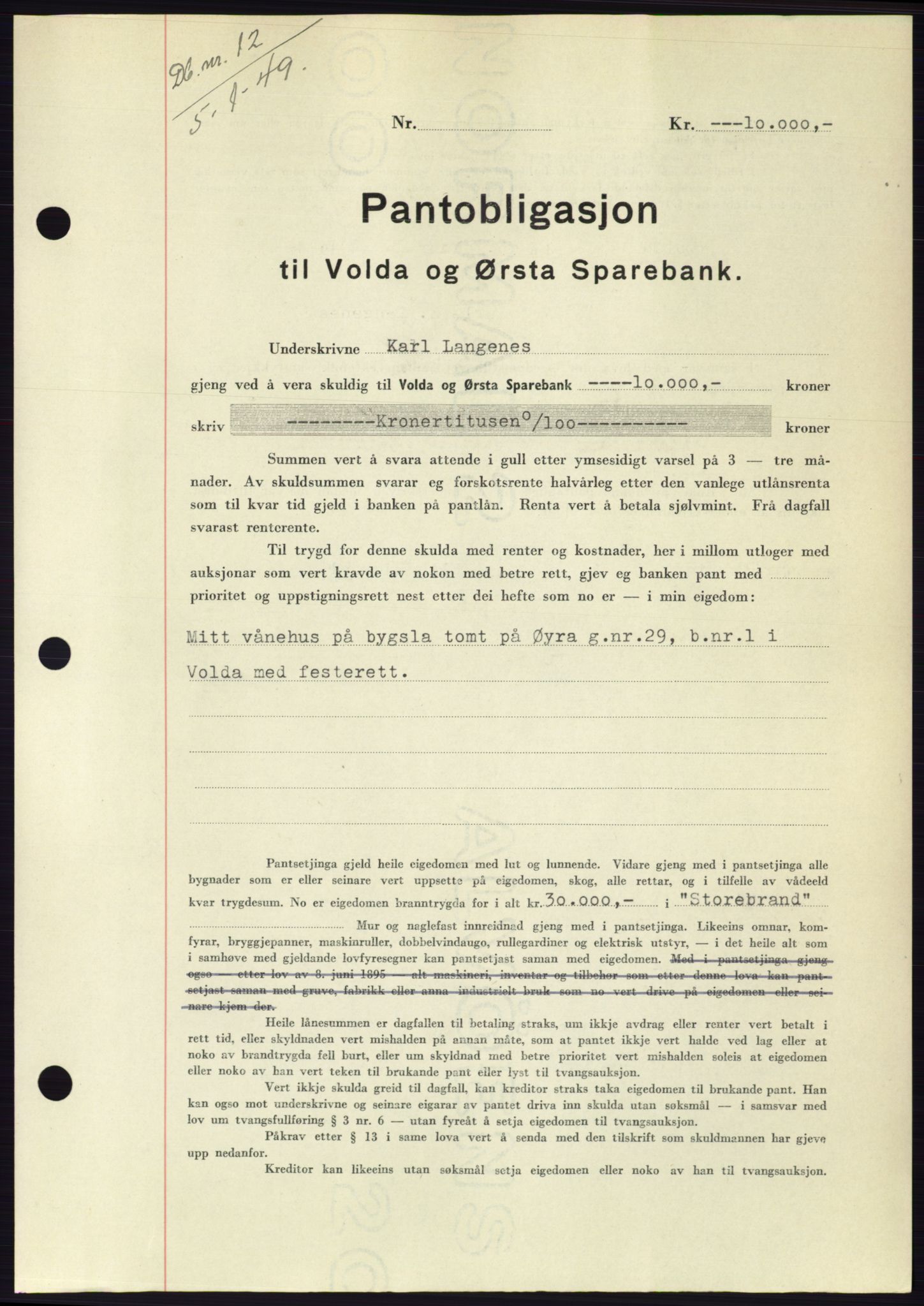 Søre Sunnmøre sorenskriveri, AV/SAT-A-4122/1/2/2C/L0116: Mortgage book no. 4B, 1948-1949, Diary no: : 12/1949