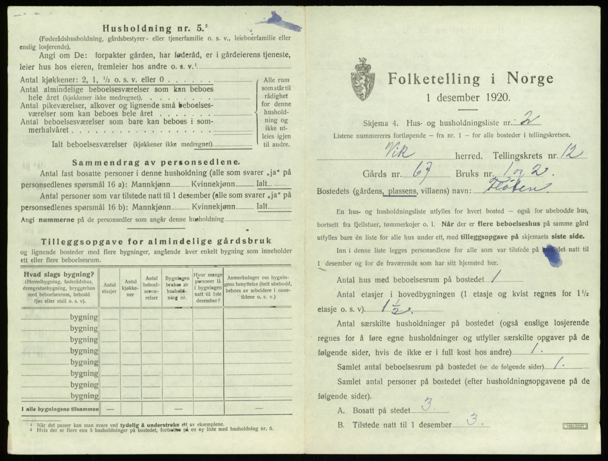 SAB, 1920 census for Vik, 1920, p. 1089