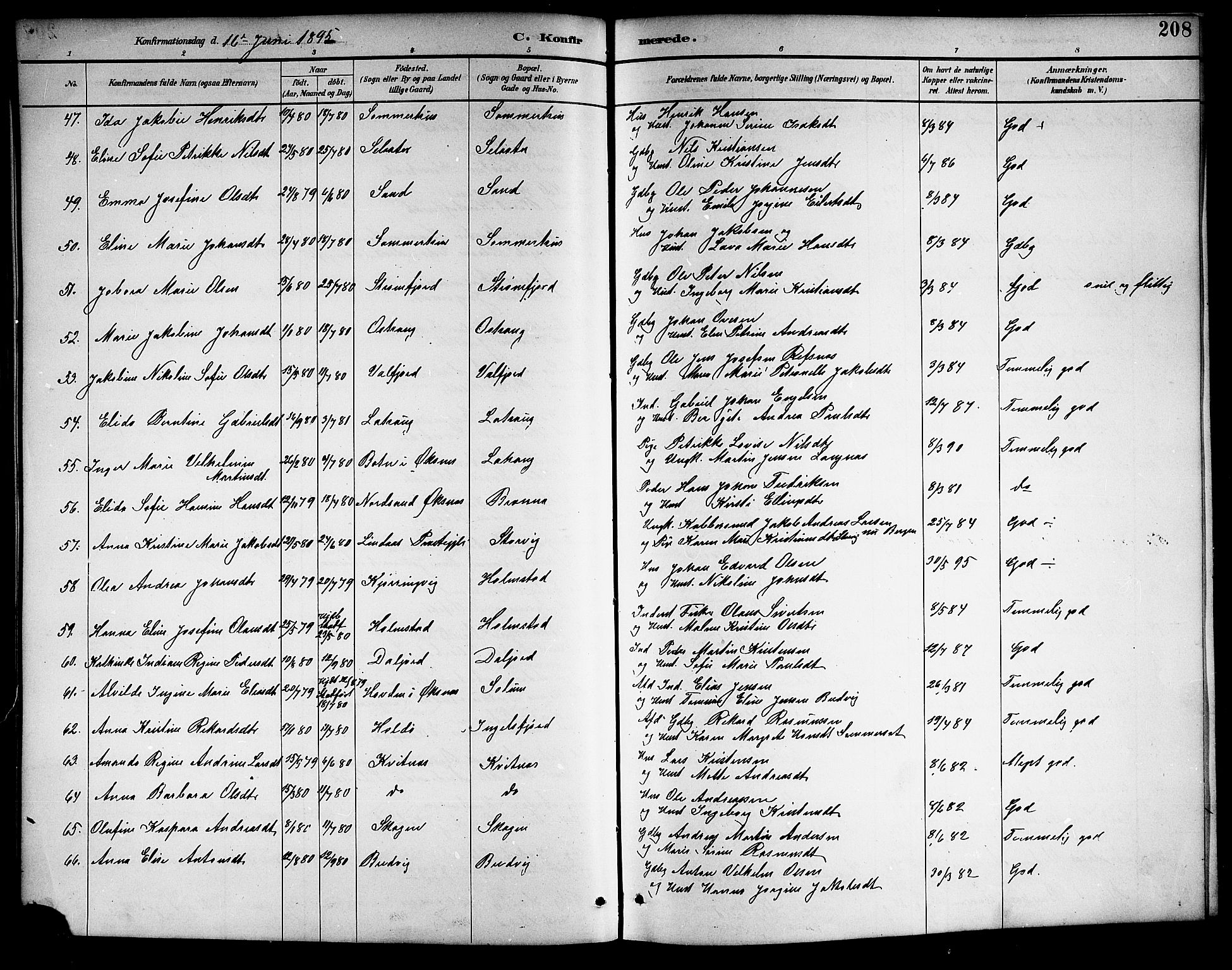 Ministerialprotokoller, klokkerbøker og fødselsregistre - Nordland, AV/SAT-A-1459/888/L1268: Parish register (copy) no. 888C06, 1891-1908, p. 208