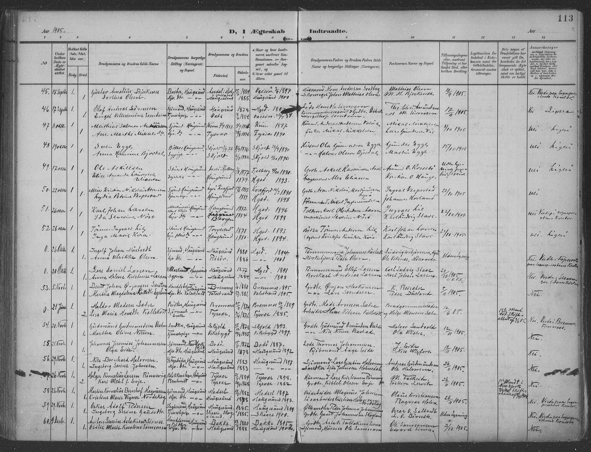 Haugesund sokneprestkontor, AV/SAST-A -101863/H/Ha/Haa/L0007: Parish register (official) no. A 7, 1904-1916, p. 113