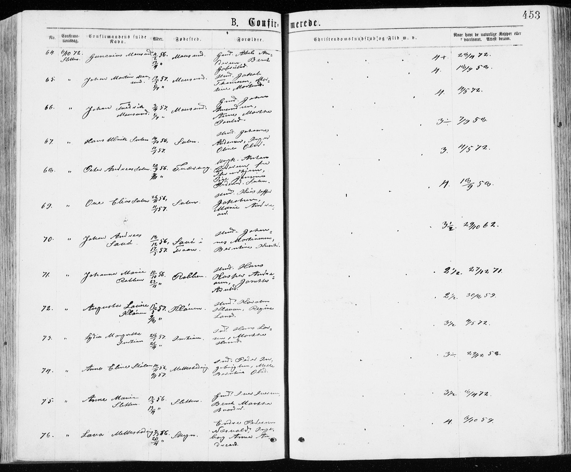 Ministerialprotokoller, klokkerbøker og fødselsregistre - Sør-Trøndelag, AV/SAT-A-1456/640/L0576: Parish register (official) no. 640A01, 1846-1876, p. 453