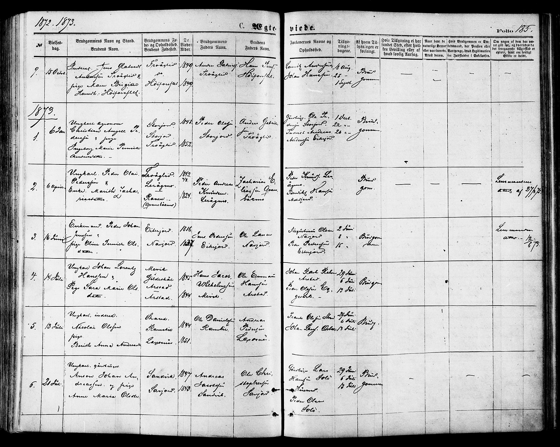 Ministerialprotokoller, klokkerbøker og fødselsregistre - Nordland, SAT/A-1459/846/L0645: Parish register (official) no. 846A03, 1872-1886, p. 185