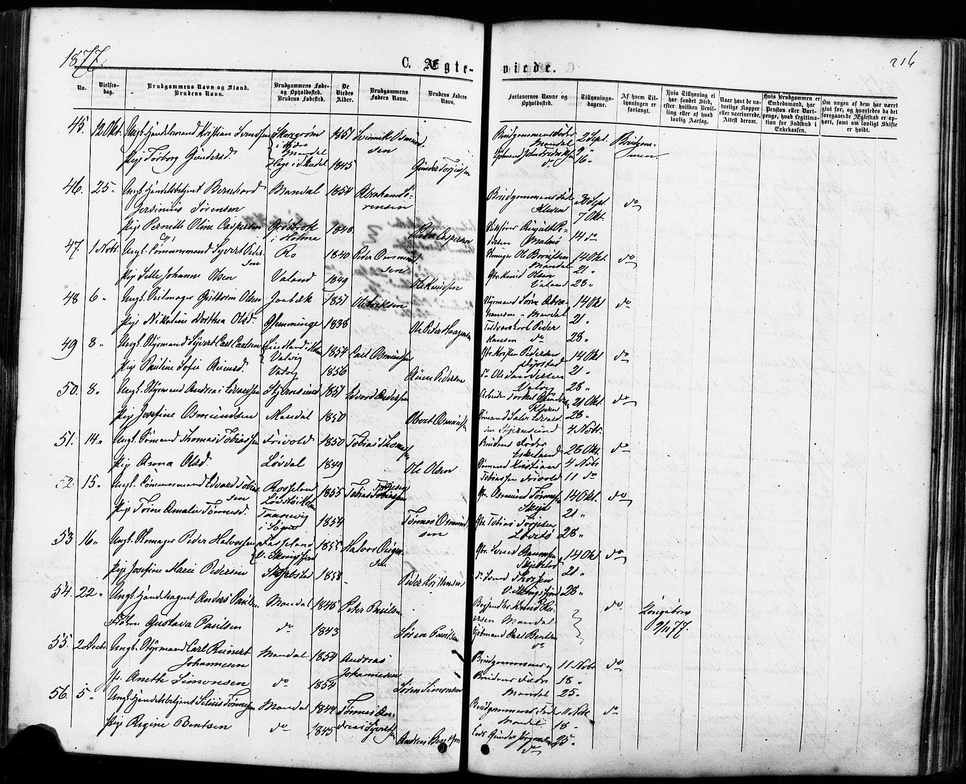 Mandal sokneprestkontor, SAK/1111-0030/F/Fa/Faa/L0015: Parish register (official) no. A 15, 1873-1879, p. 216