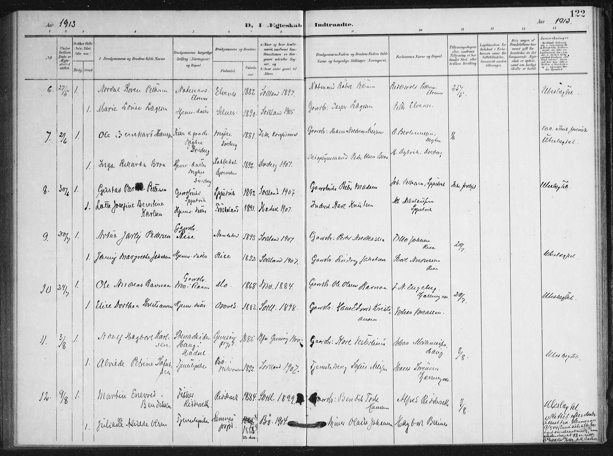 Ministerialprotokoller, klokkerbøker og fødselsregistre - Nordland, AV/SAT-A-1459/895/L1373: Parish register (official) no. 895A08, 1905-1915, p. 122