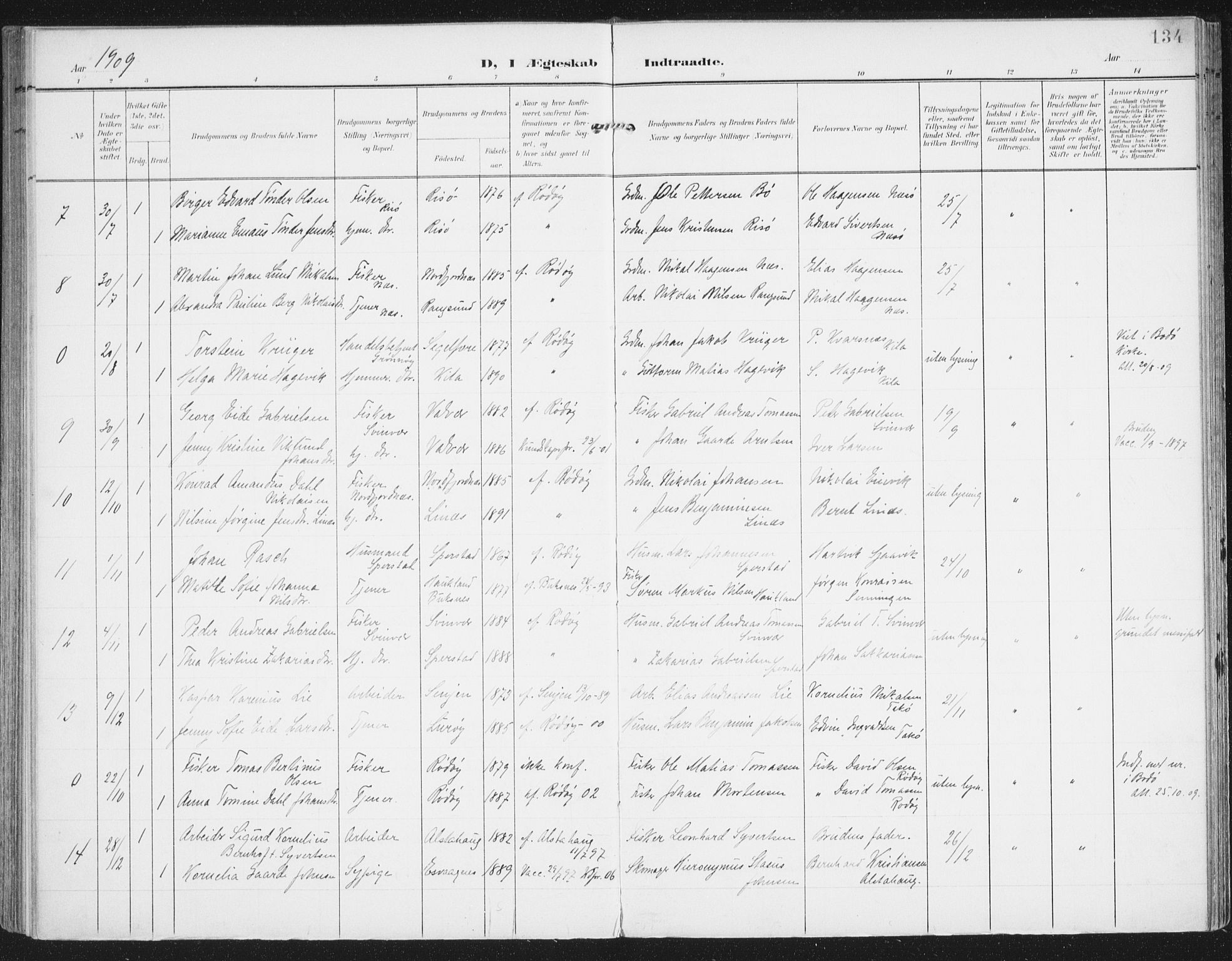 Ministerialprotokoller, klokkerbøker og fødselsregistre - Nordland, AV/SAT-A-1459/841/L0612: Parish register (official) no. 841A15, 1902-1910, p. 134