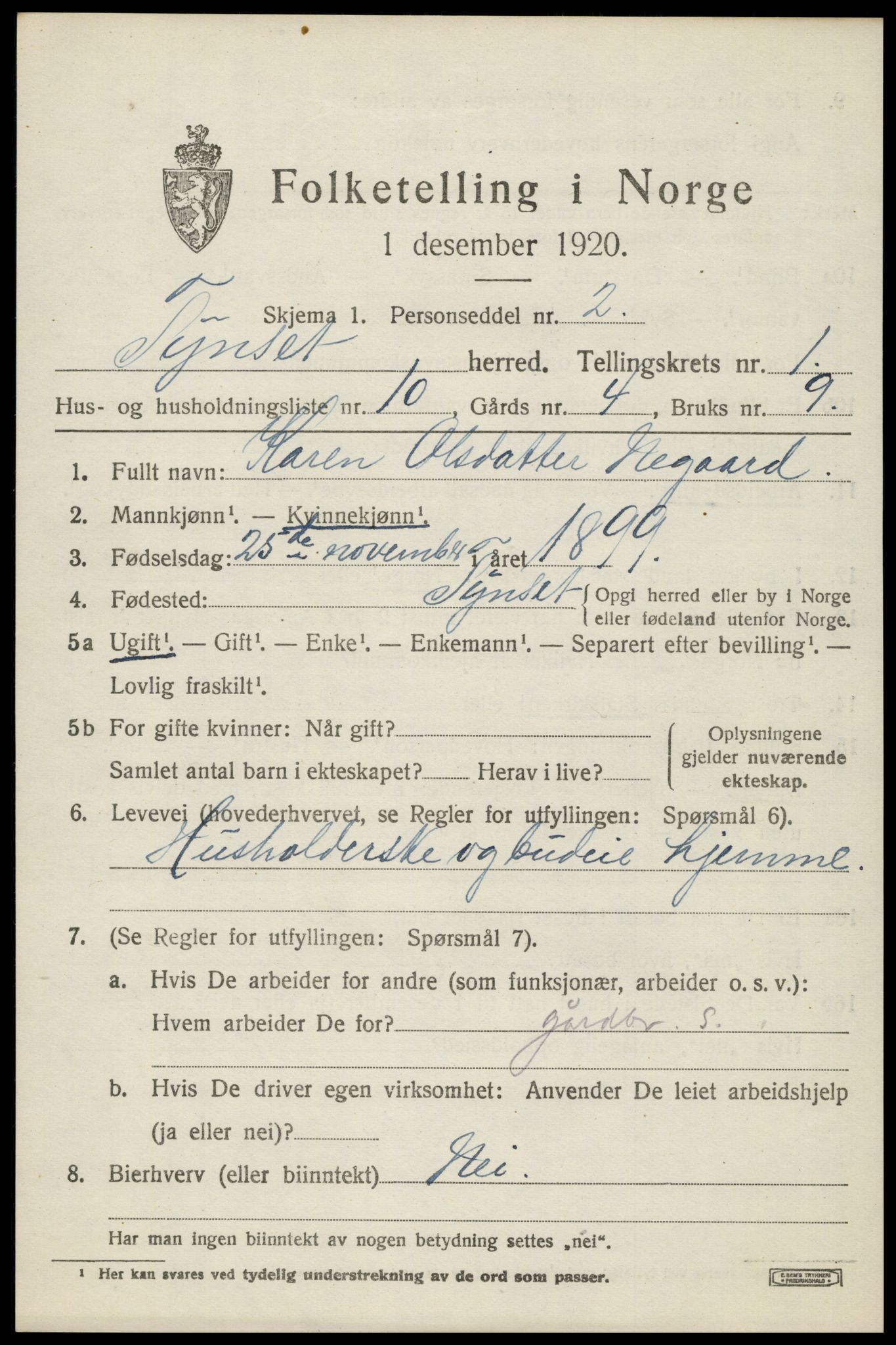 SAH, 1920 census for Tynset, 1920, p. 1632