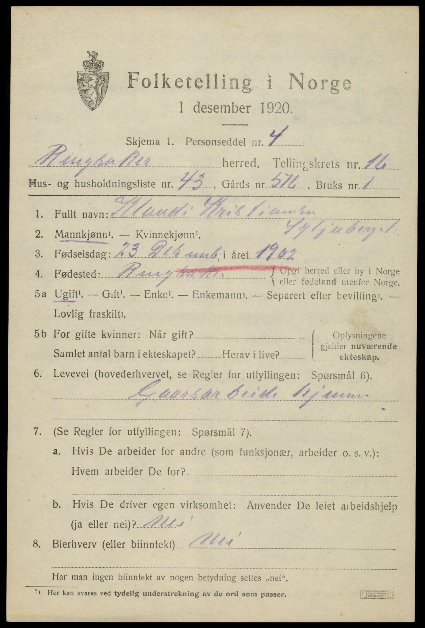 SAH, 1920 census for Ringsaker, 1920, p. 23418