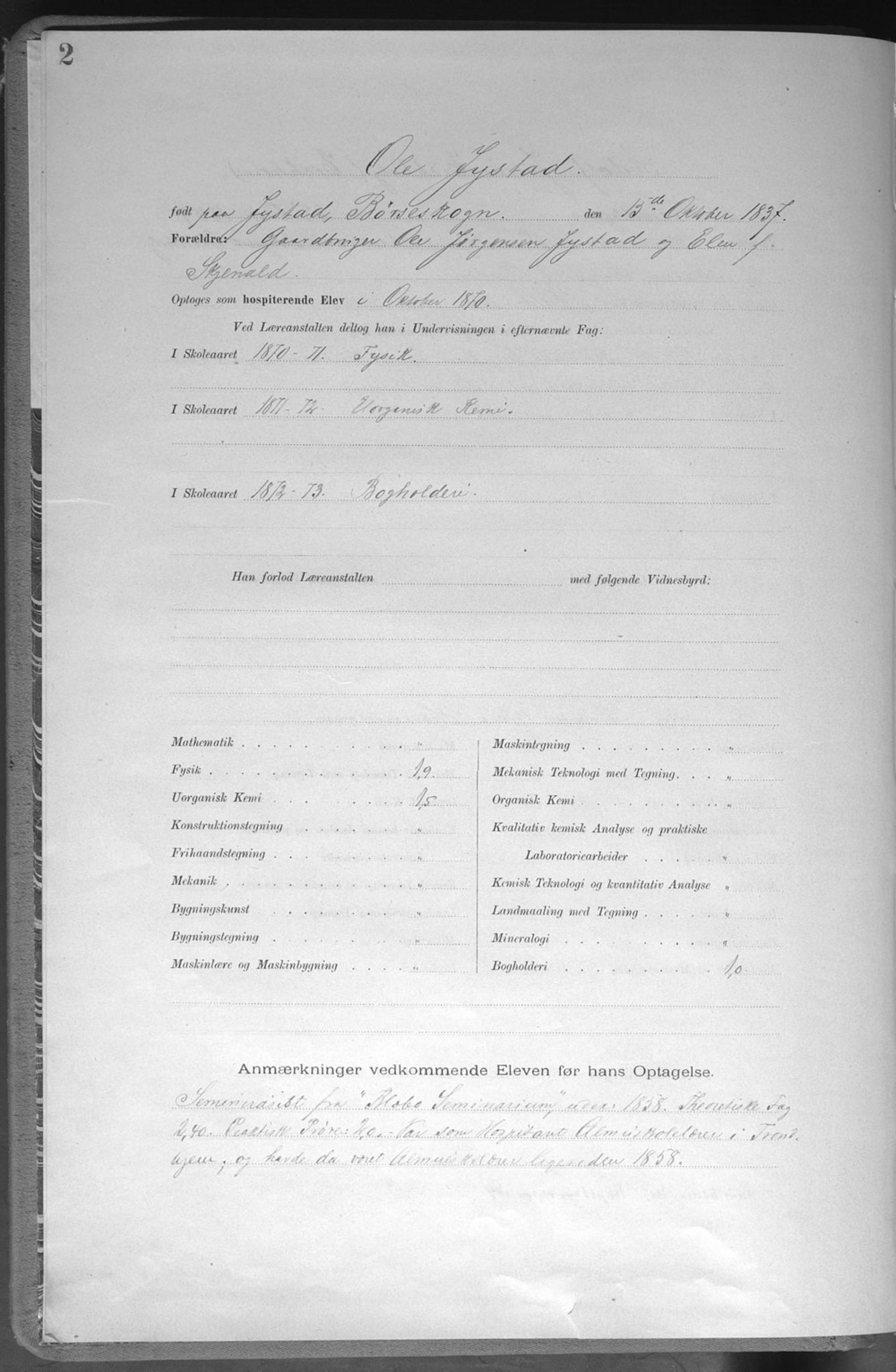 Trondhjems tekniske læreanstalt, AV/SAT-A-1622/G/Ga/L0050: Karakterprotokoll, hospiterende elever, 1870-1914