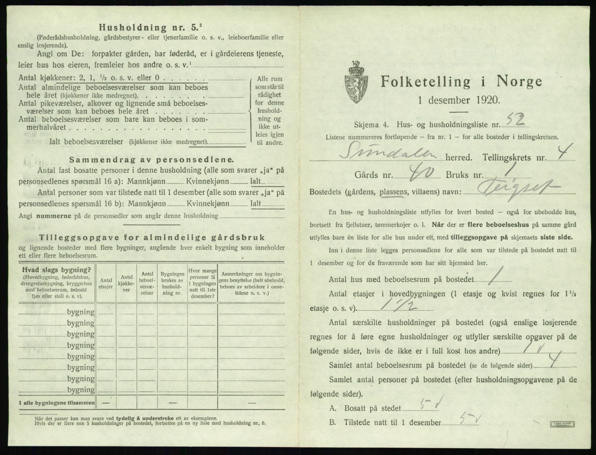 SAT, 1920 census for Sunndal, 1920, p. 490