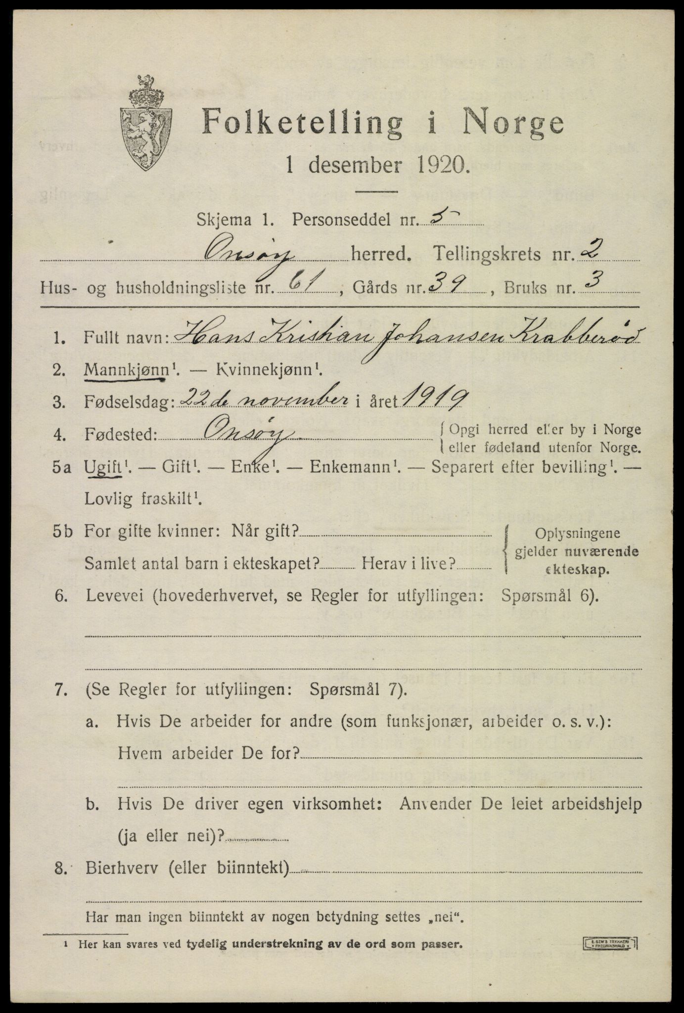 SAO, 1920 census for Onsøy, 1920, p. 4223