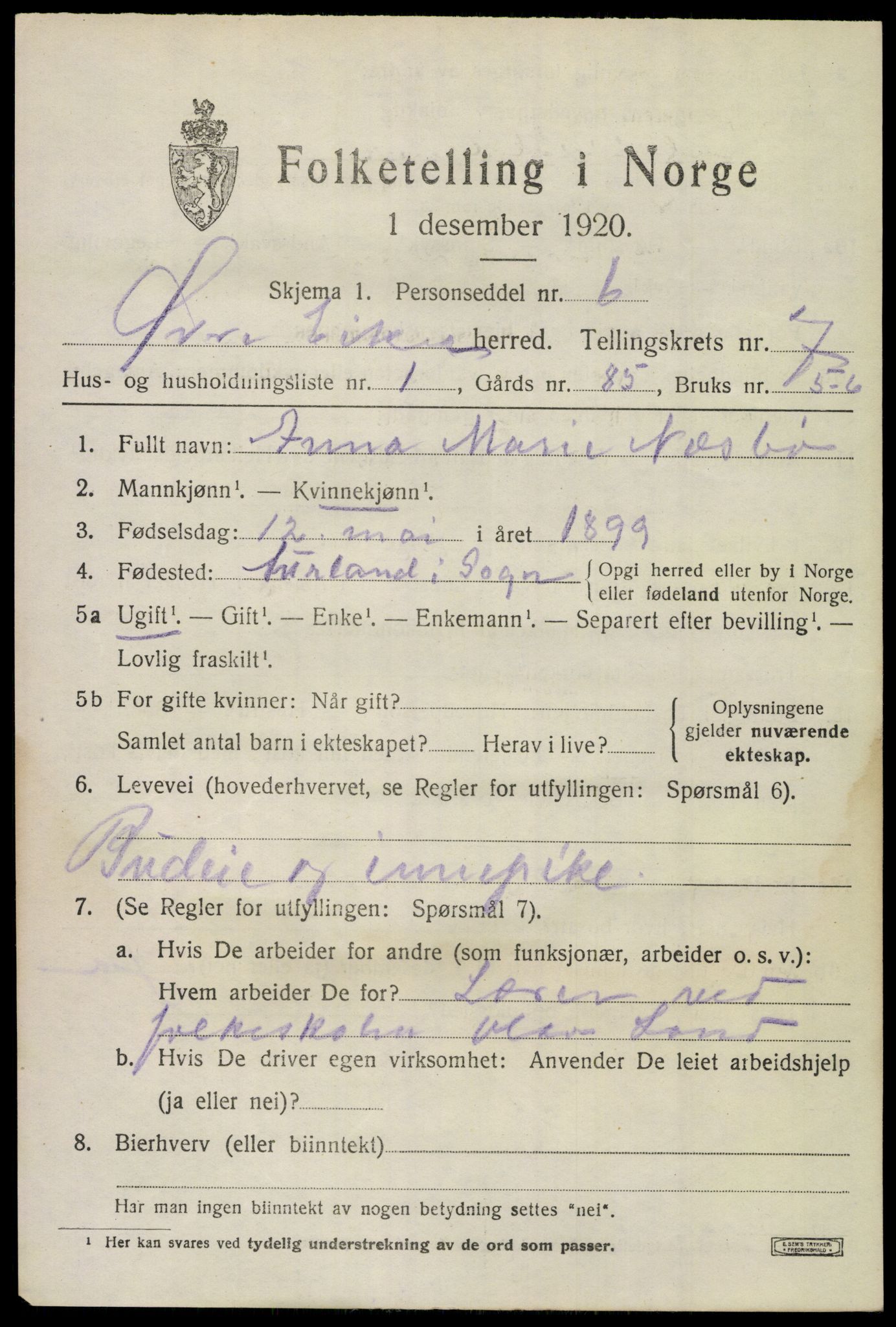 SAKO, 1920 census for Øvre Eiker, 1920, p. 13274