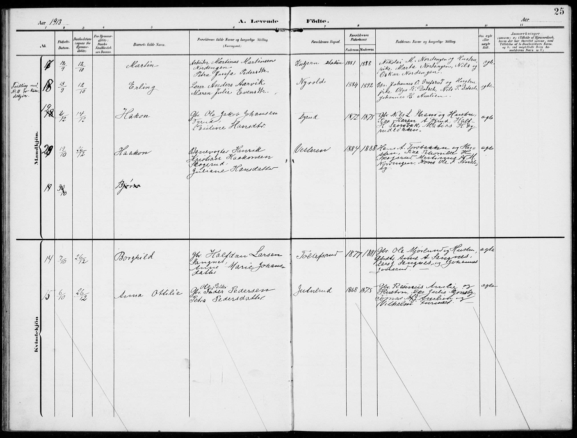Kolbu prestekontor, SAH/PREST-110/H/Ha/Haa/L0001: Parish register (official) no. 1, 1907-1923, p. 25