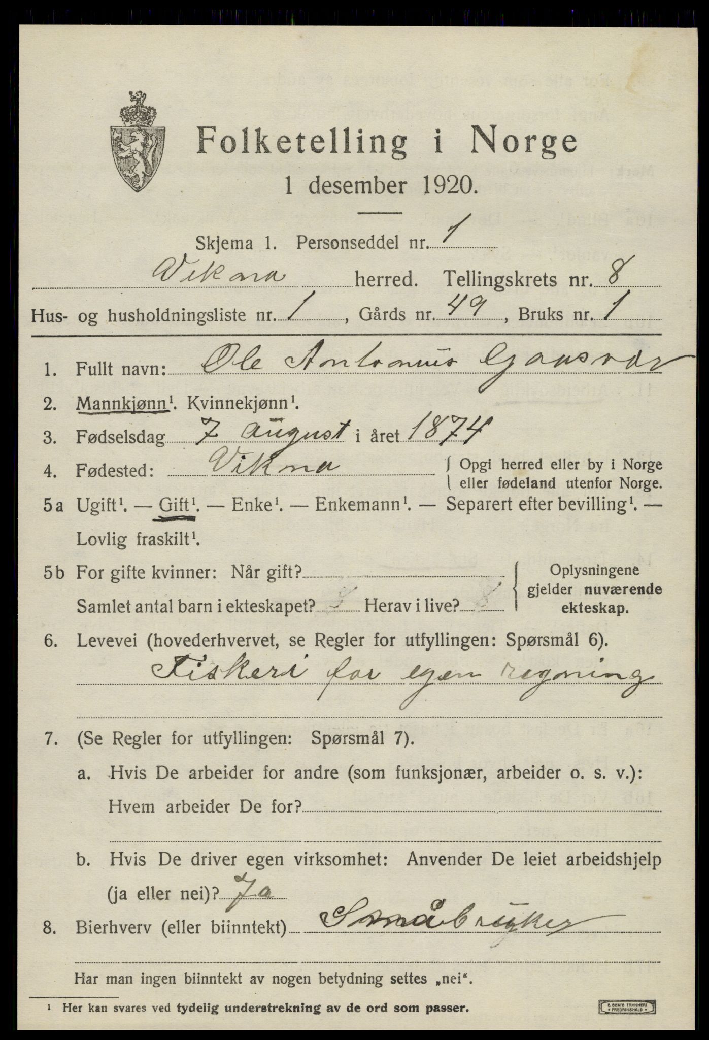 SAT, 1920 census for Vikna, 1920, p. 5987