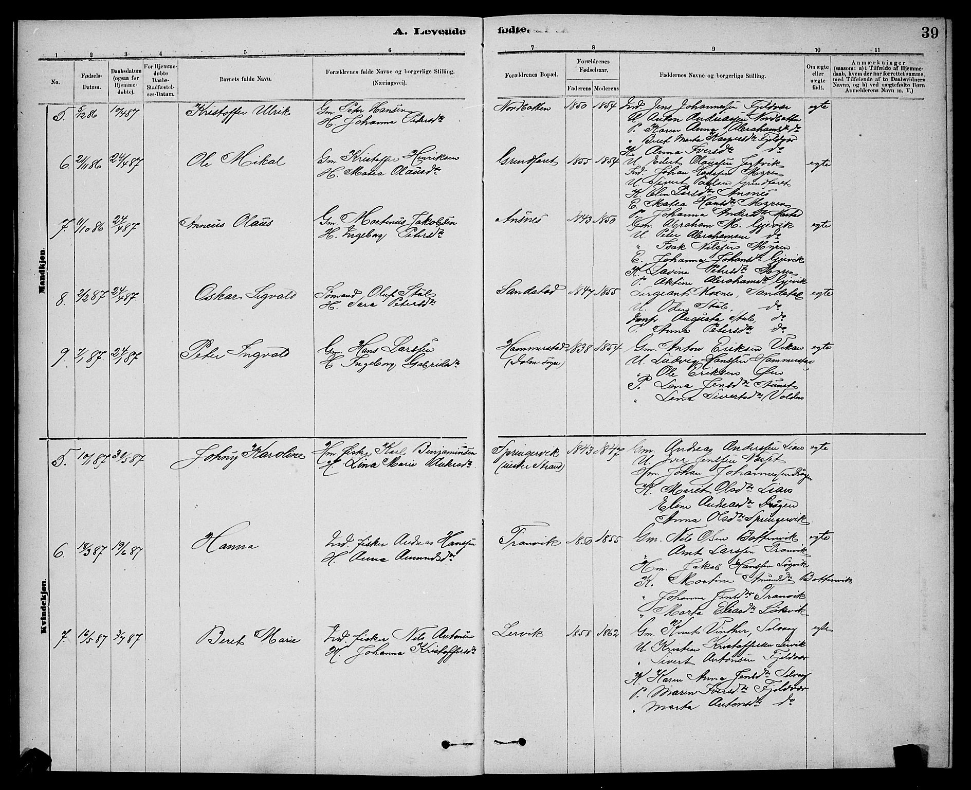 Ministerialprotokoller, klokkerbøker og fødselsregistre - Sør-Trøndelag, SAT/A-1456/637/L0562: Parish register (copy) no. 637C03, 1883-1898, p. 39