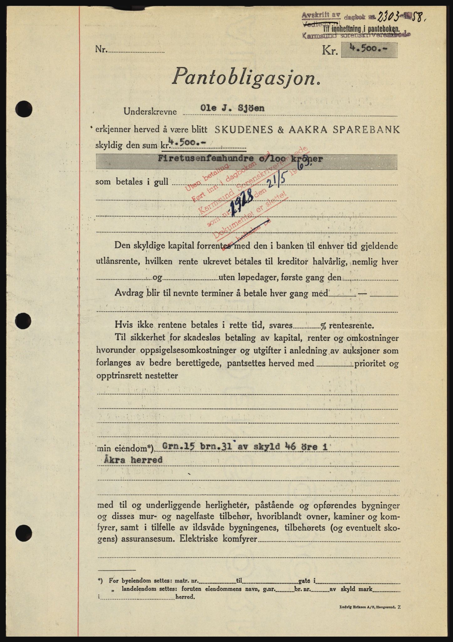 Karmsund sorenskriveri, AV/SAST-A-100311/01/II/IIBBE/L0041: Mortgage book no. B 87, 1958-1958, Diary no: : 2303/1958