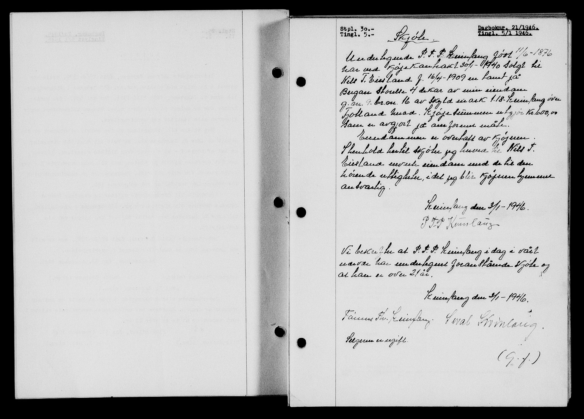 Flekkefjord sorenskriveri, SAK/1221-0001/G/Gb/Gba/L0060: Mortgage book no. A-8, 1945-1946, Diary no: : 21/1946