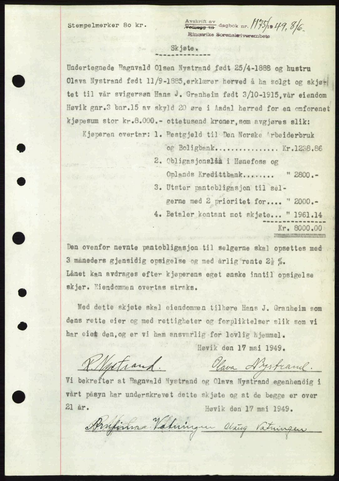 Ringerike sorenskriveri, AV/SAKO-A-105/G/Ga/Gab/L0090: Mortgage book no. A-21, 1949-1949, Diary no: : 1175/1949