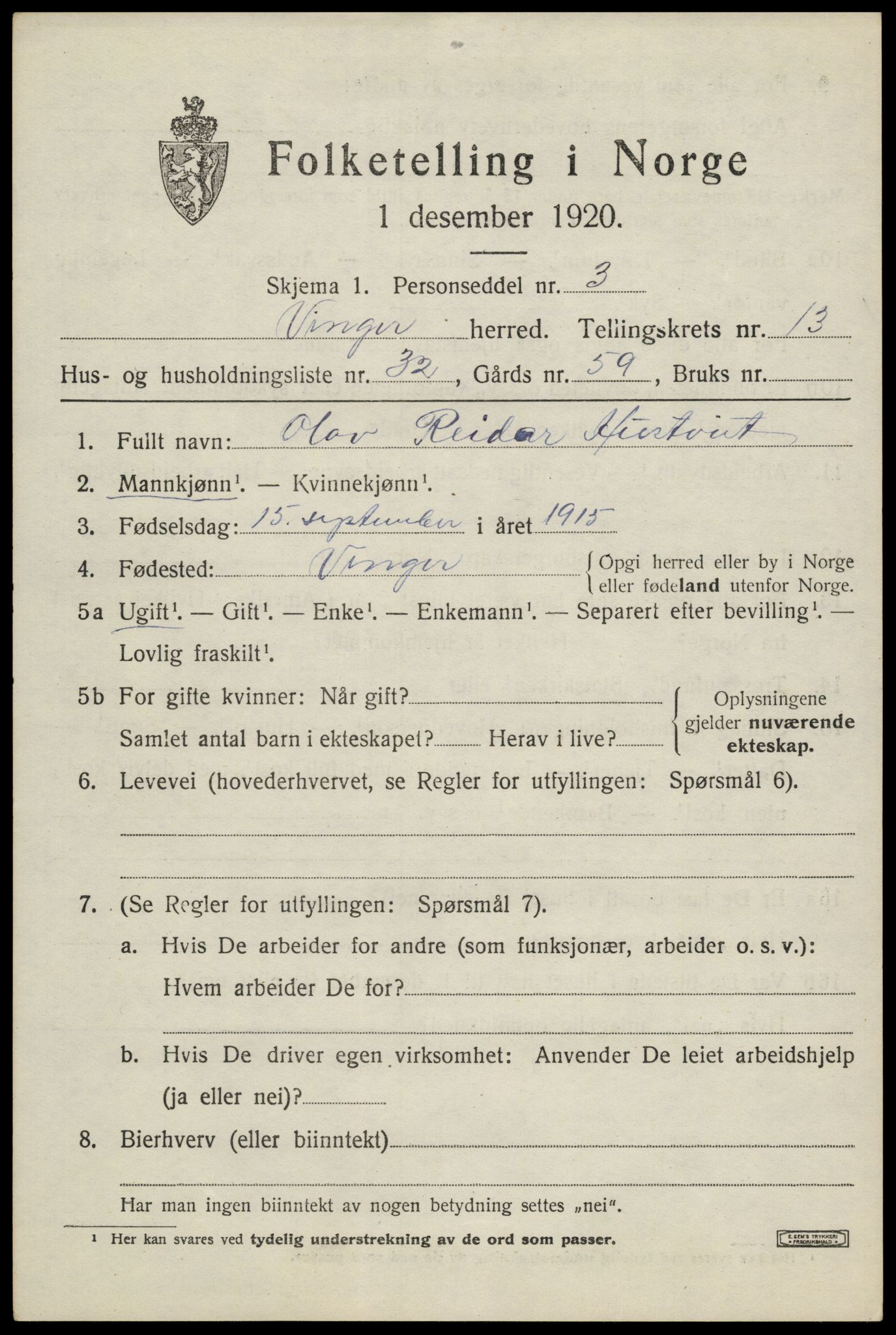 SAH, 1920 census for Vinger, 1920, p. 11398