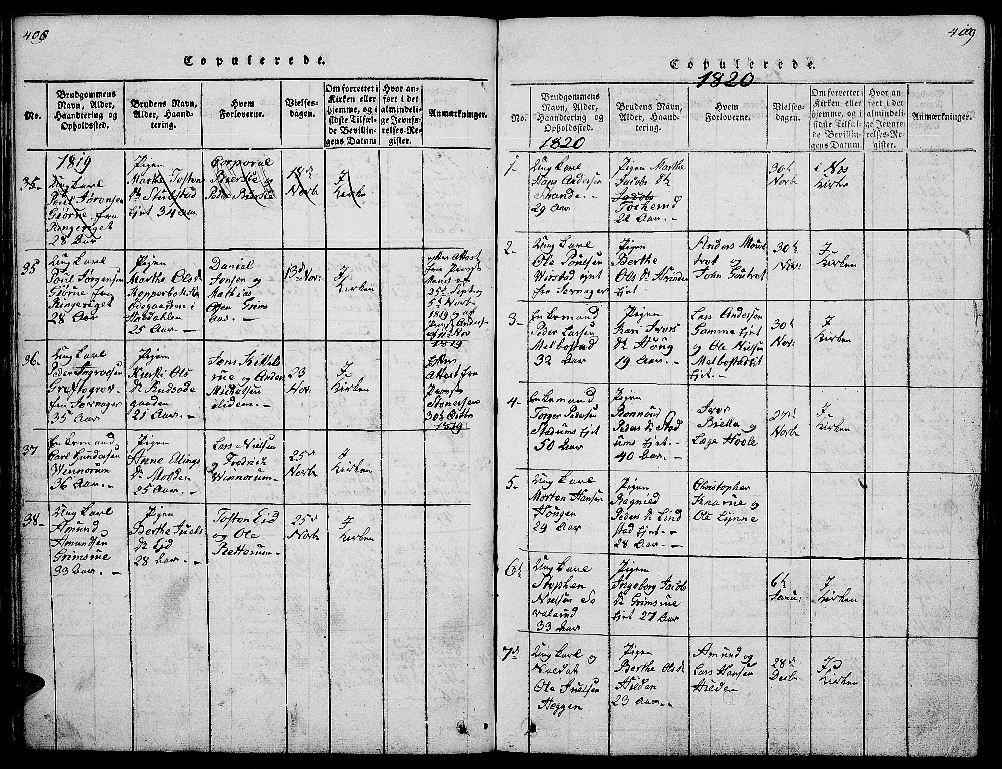 Gran prestekontor, SAH/PREST-112/H/Ha/Hab/L0001: Parish register (copy) no. 1, 1815-1824, p. 408-409