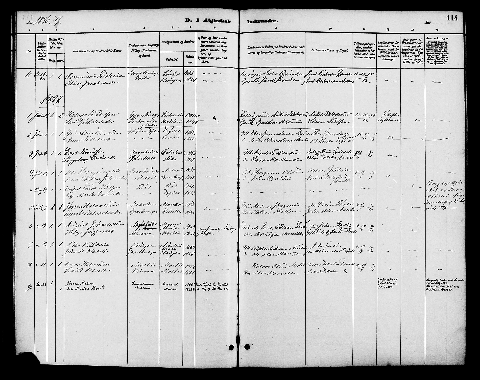 Gjerstad sokneprestkontor, AV/SAK-1111-0014/F/Fa/Faa/L0009: Parish register (official) no. A 9, 1885-1890, p. 114