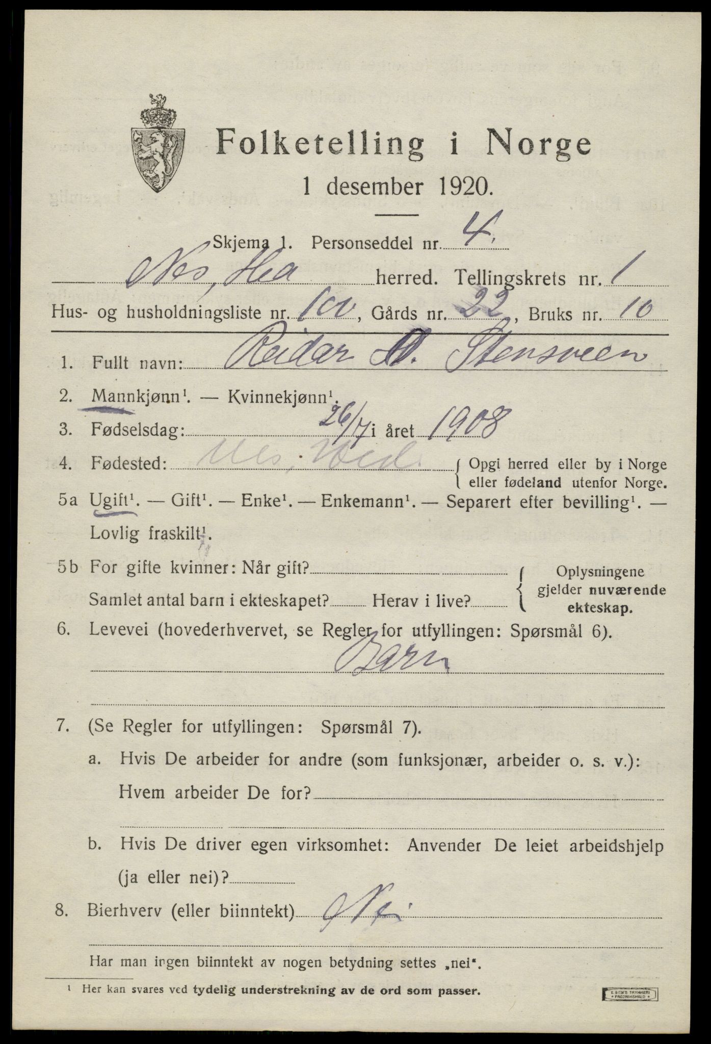 SAH, 1920 census for Nes (Hedmark), 1920, p. 2664