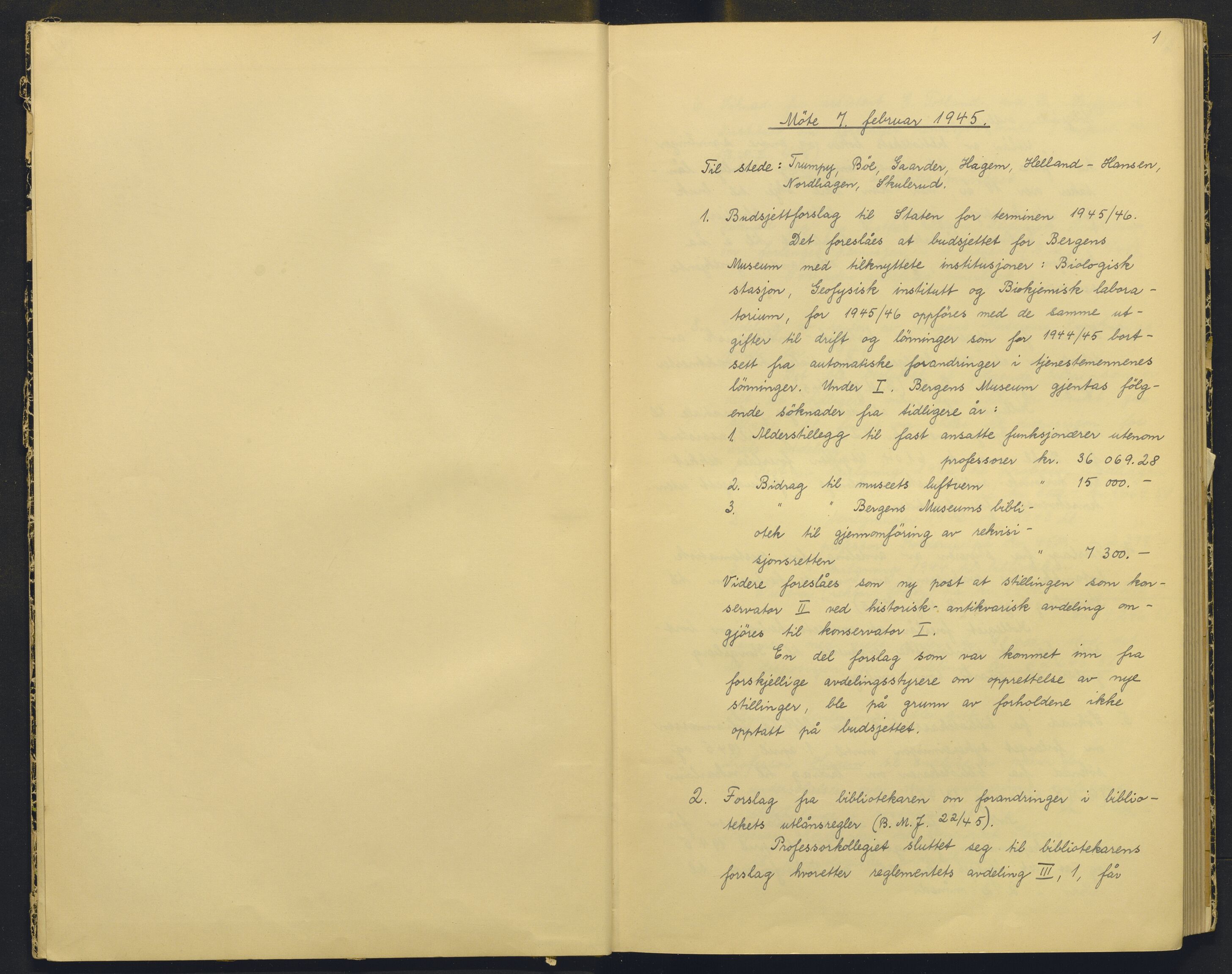 Bergens Museum, AV/SAB-A-17301/18/A/L0004: Professorkollegiets møtebok med register , 1945-1949, p. 1